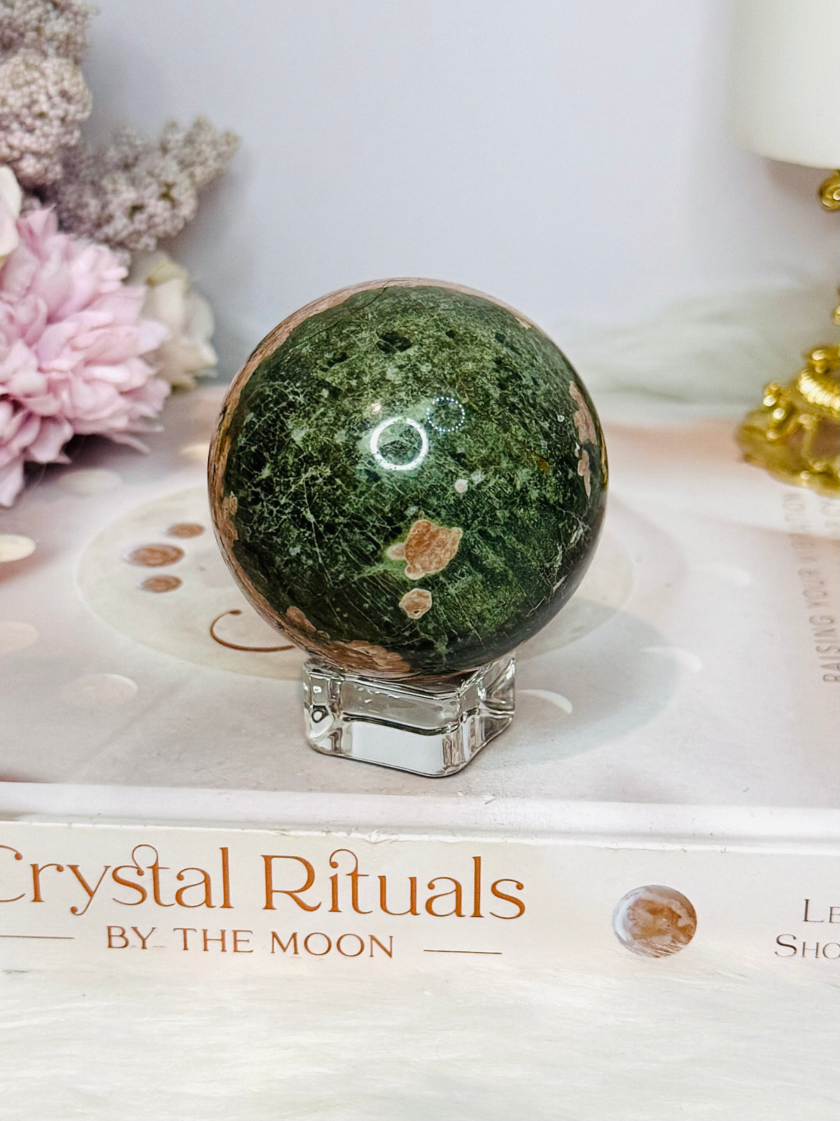 High Grade Green Sakura Flower Agate Sphere on Stand 231g