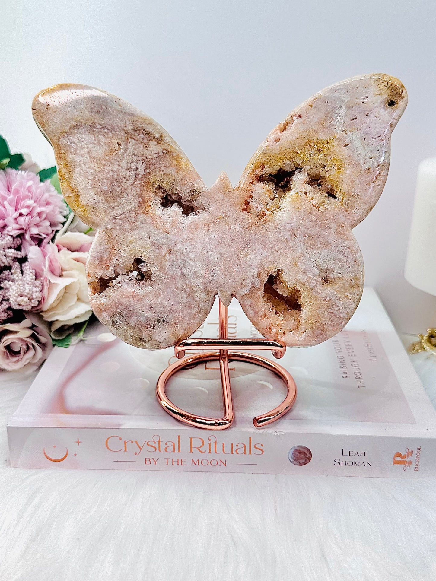 Wow!!! Gorgeous Large 25cm 816gram Chunky Druzy  Pink Amethyst Carved Butterfly From Brazil On Rose Gold Stand
