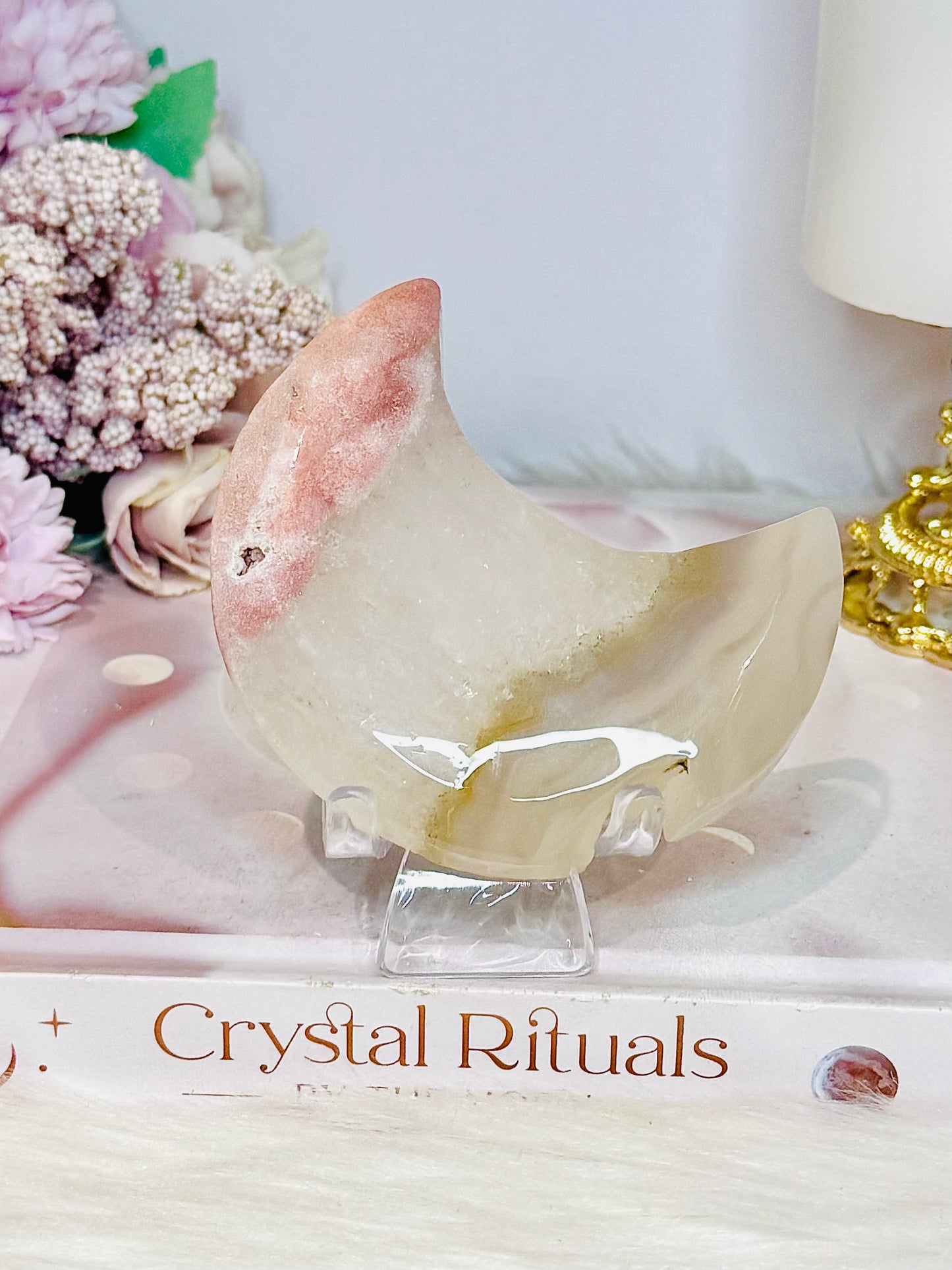 Pink Amethyst In Quartz Moon 8.5cm On Stand