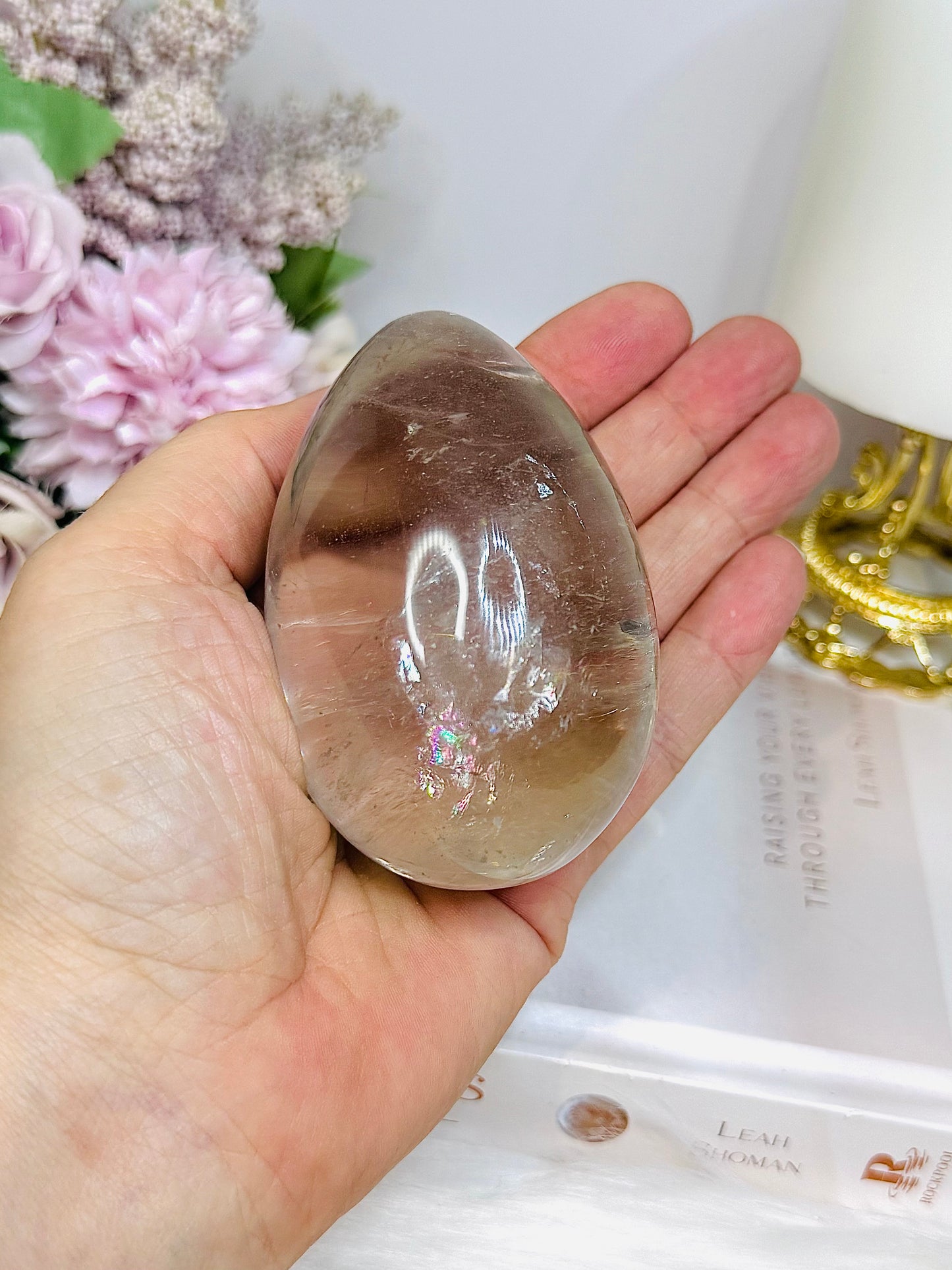 Large Quartz Egg On Stand with Rainbows 280g