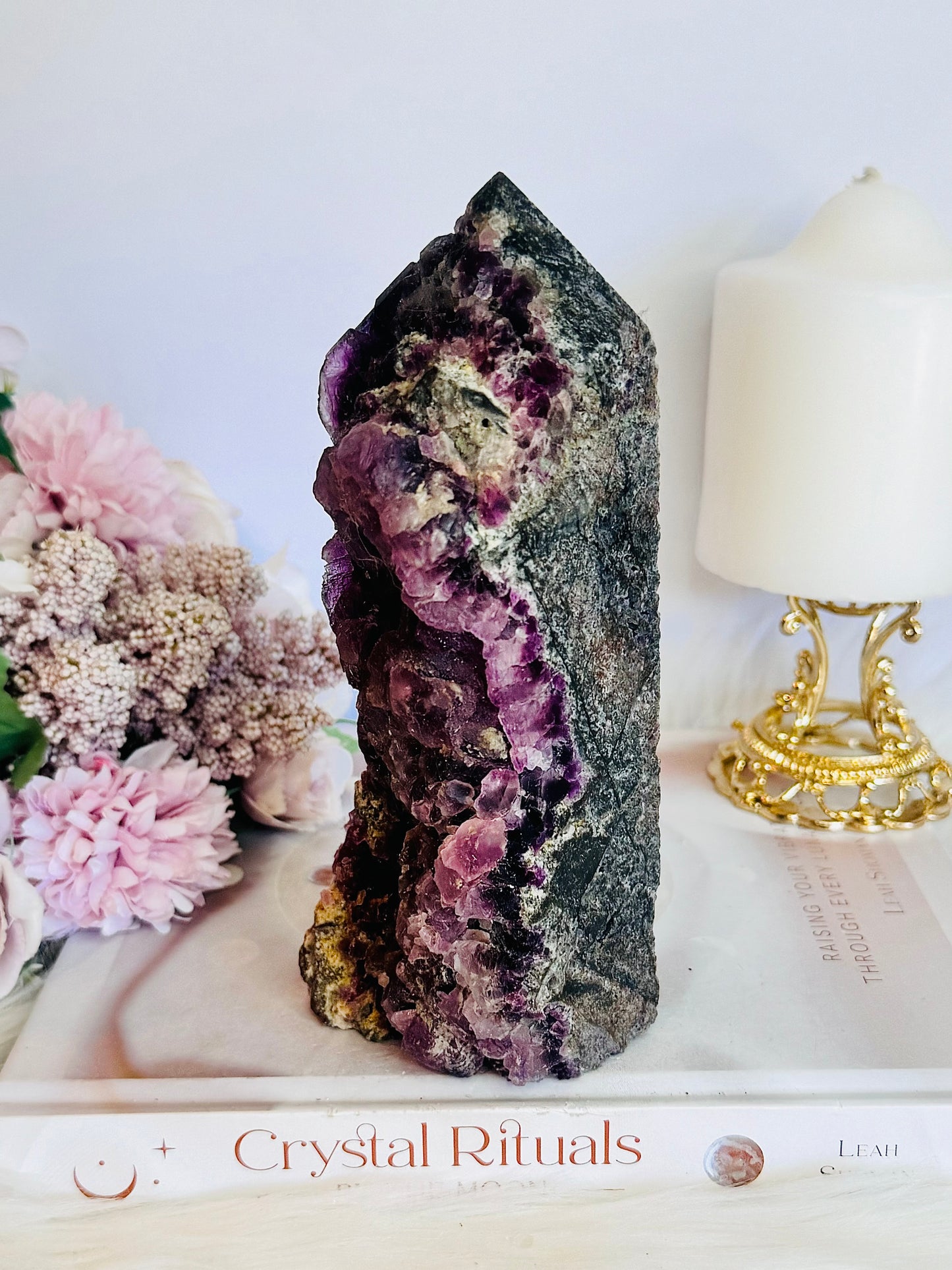 Absolutely Incredible Large Chunky 17cm Natural Druzy Purple Root Fluorite Tower