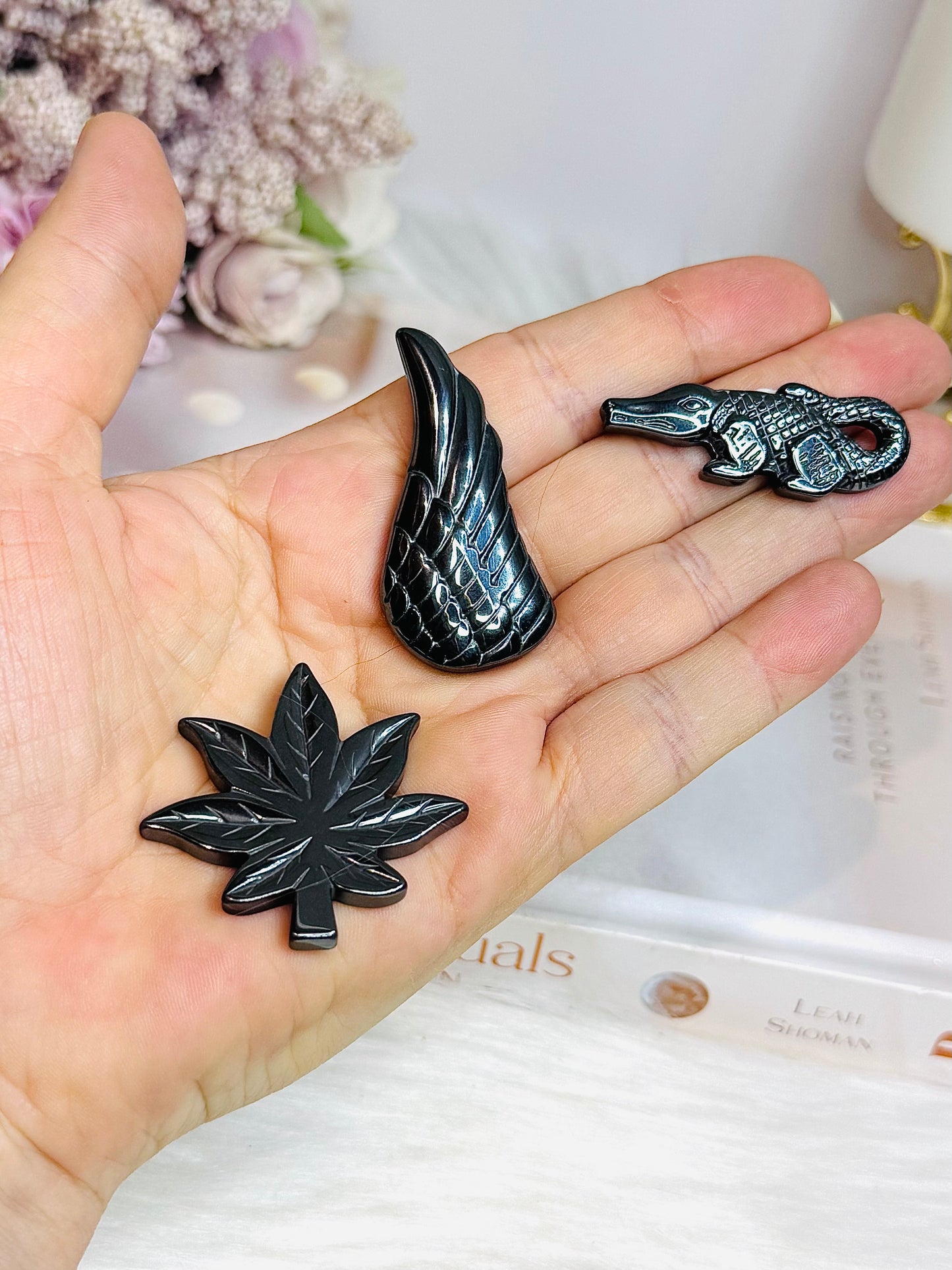 Set of 3 Terahertz Carvings ~ Angel Wing, Crocodile & Leaf
