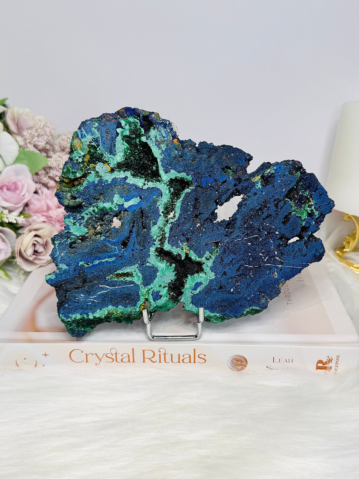 High Grade Azurite Slab with Malachite Inclusions on Stand 16cm 508g