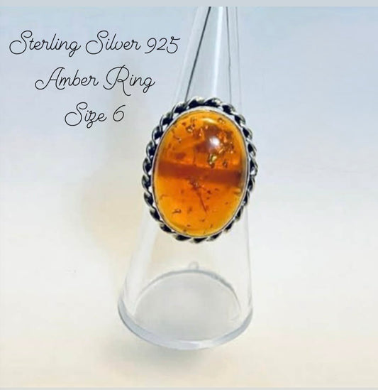 Sterling Silver 925 Amber Ring Size 6 In Gift Bag