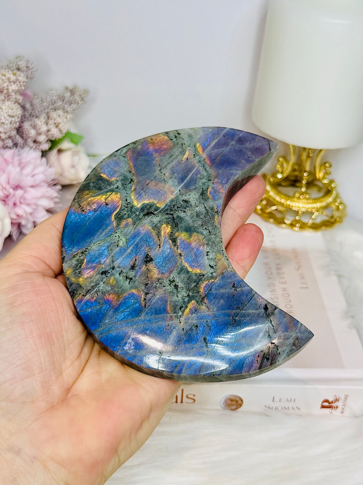 High Grade Large Labradorite Carved Moon Full of Flash 19.5cm