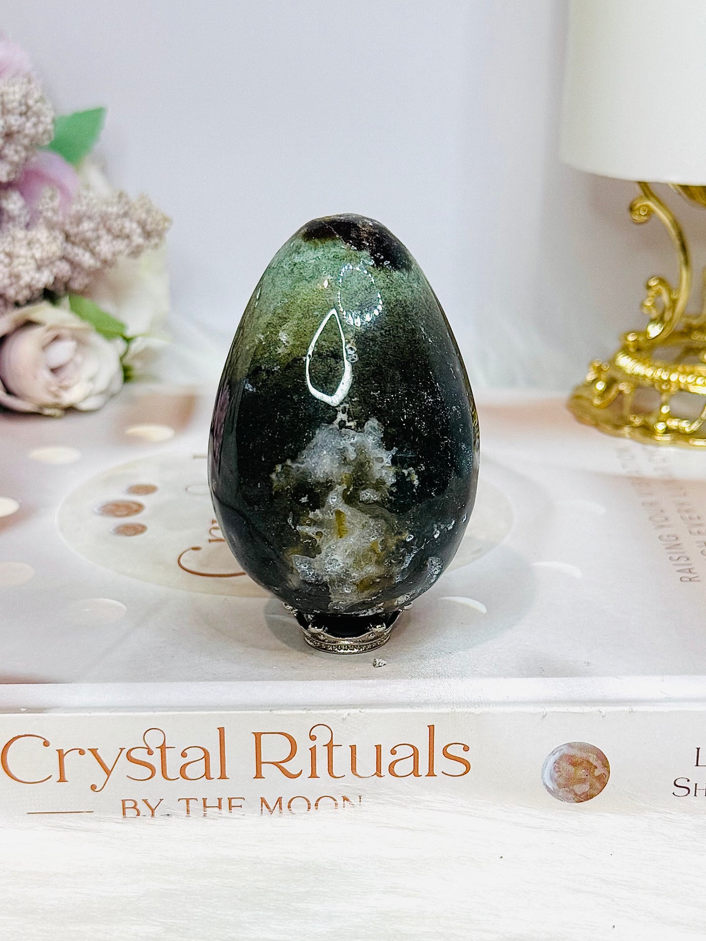 Moss Agate Egg On Stand 7cm