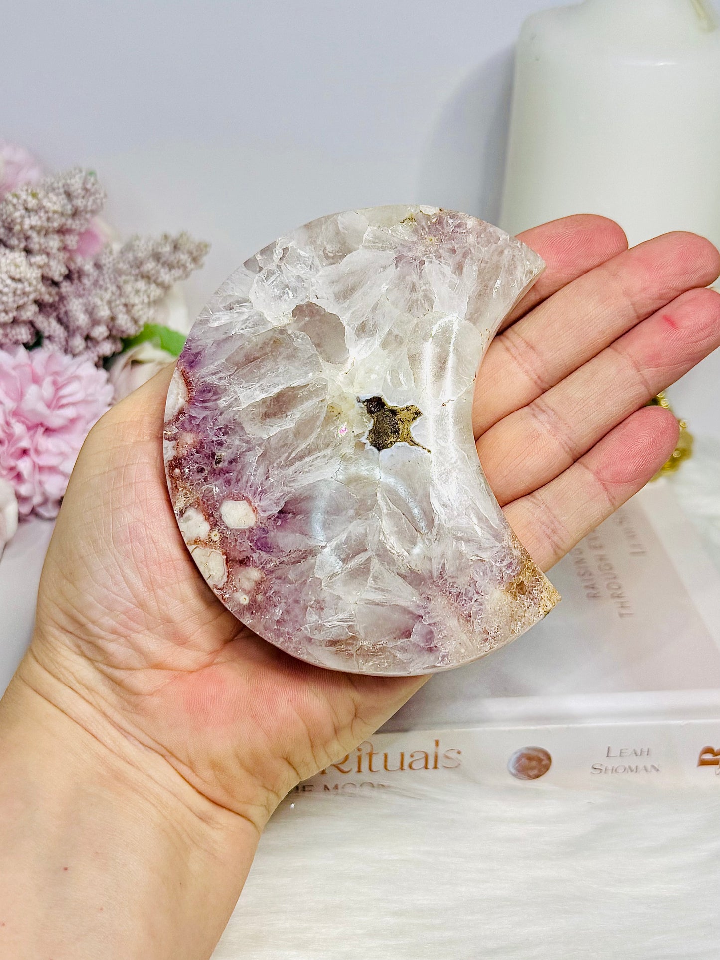 Druzy Pink Amethyst X Flower Agate Moon On Stand 17.5cm