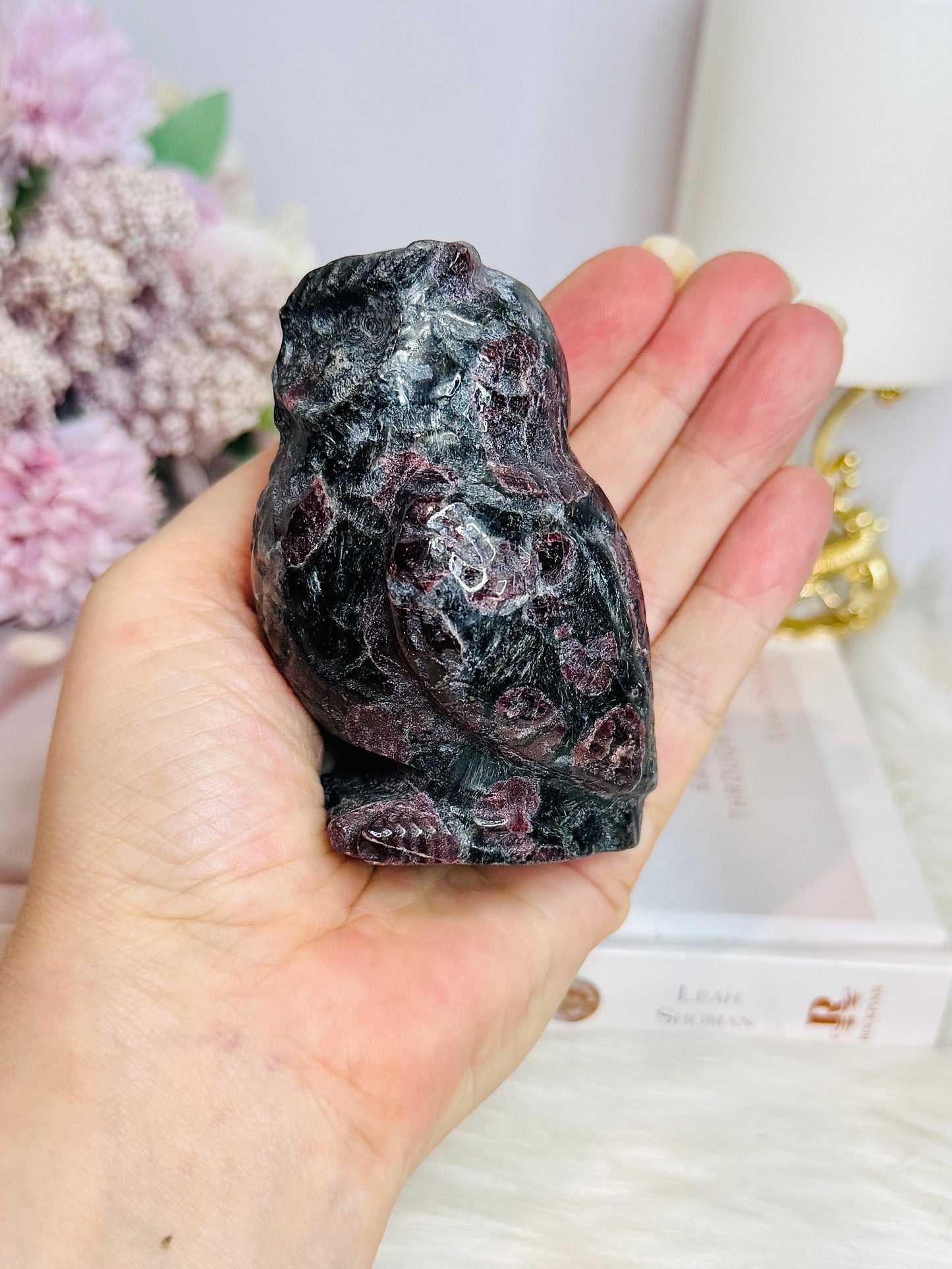 Chunky Garnet In Astrophyllite Carved Owl 9cm 410g