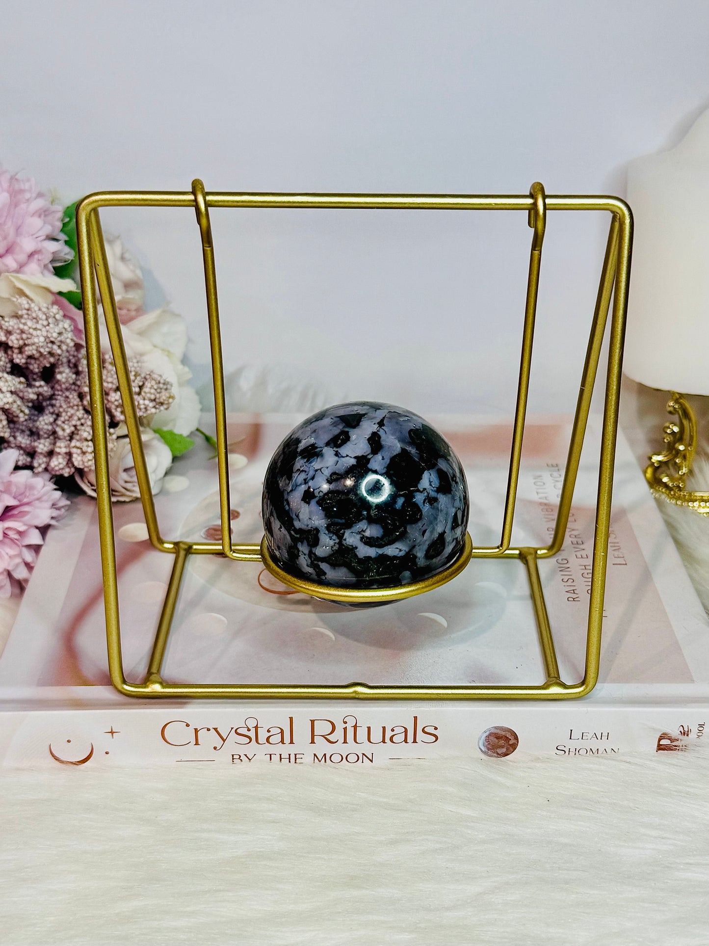 Beautiful Indigo Gabbro Natural Sphere on Gold Swing Stand 400grams