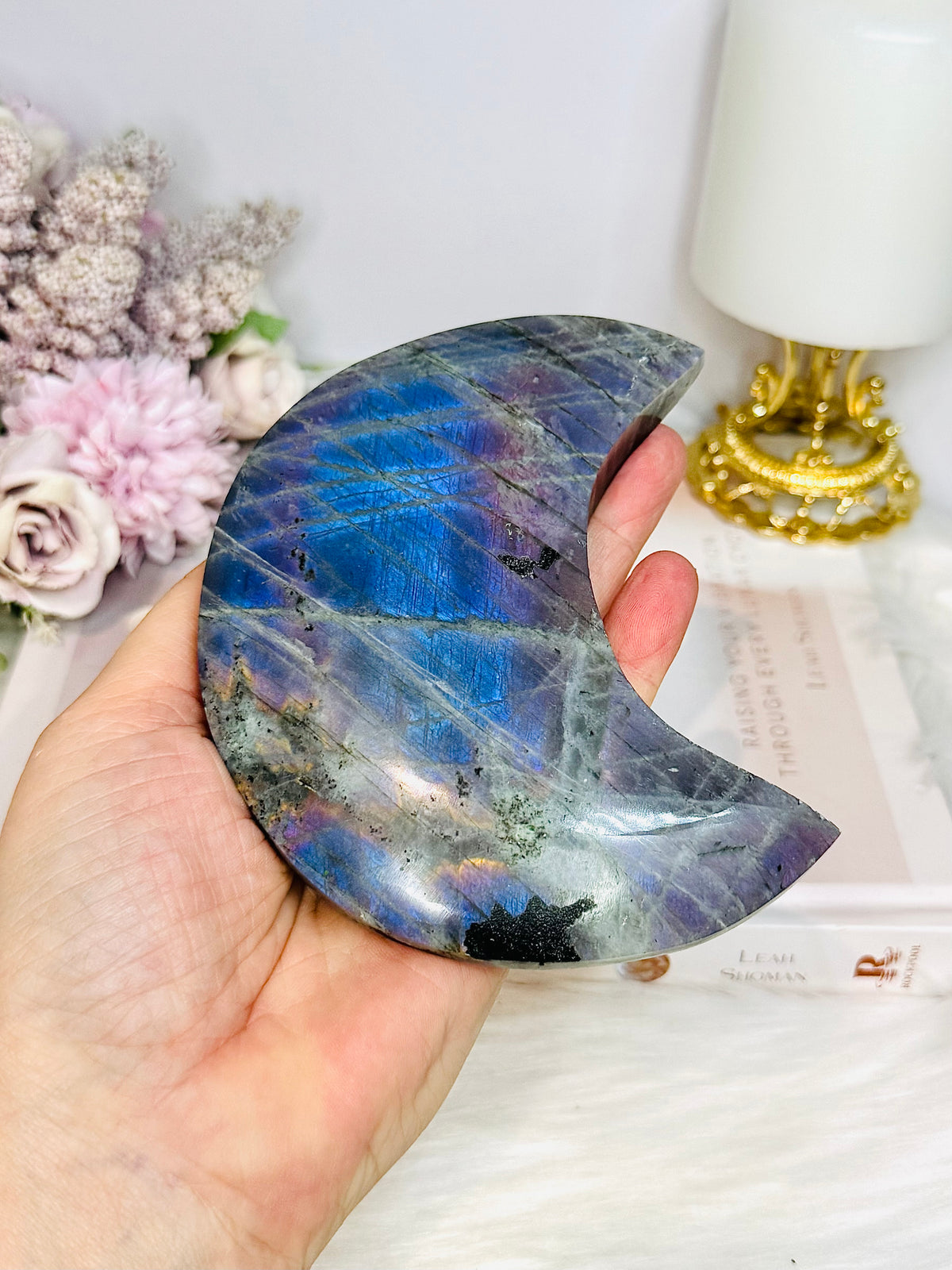 High Grade Large Labradorite Carved Moon Full of Flash 19.5cm