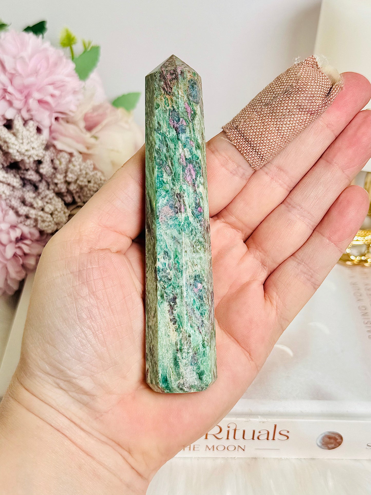 Natural 14cm Tall Ruby Fuchsite Obelisk | Tower