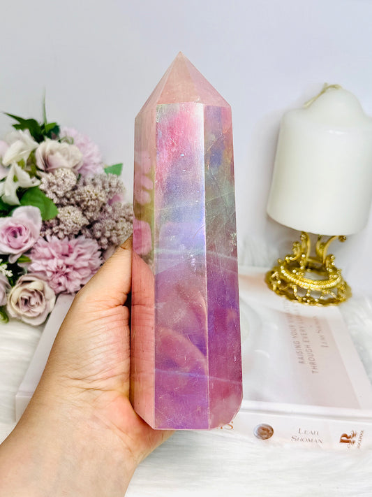 Large Angel Aura Rose Quartz Tower 18cm 807g ~ Discounted as Tower has scratches on it