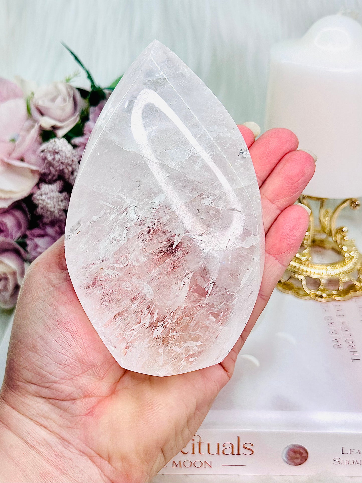 The Most Absolutely Stunning High Grade Large Clear Quartz Carved Flame | Freeform with Rainbows From Brazil 677grams