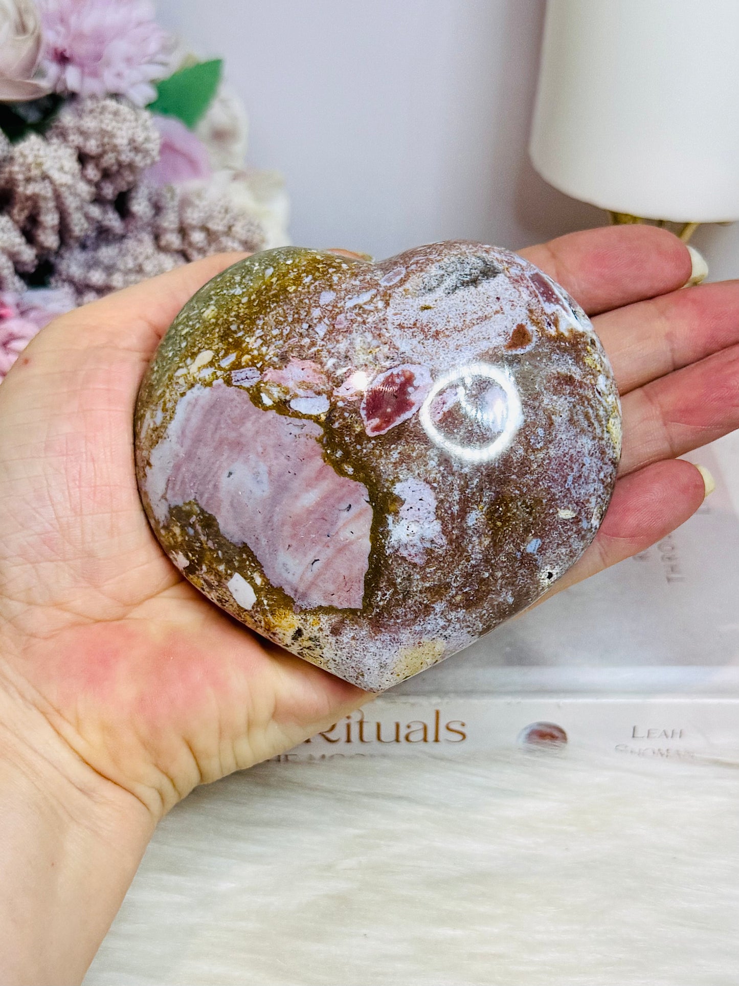 High Grade Pink Ocean Jasper Carved Puffy Heart 359g
