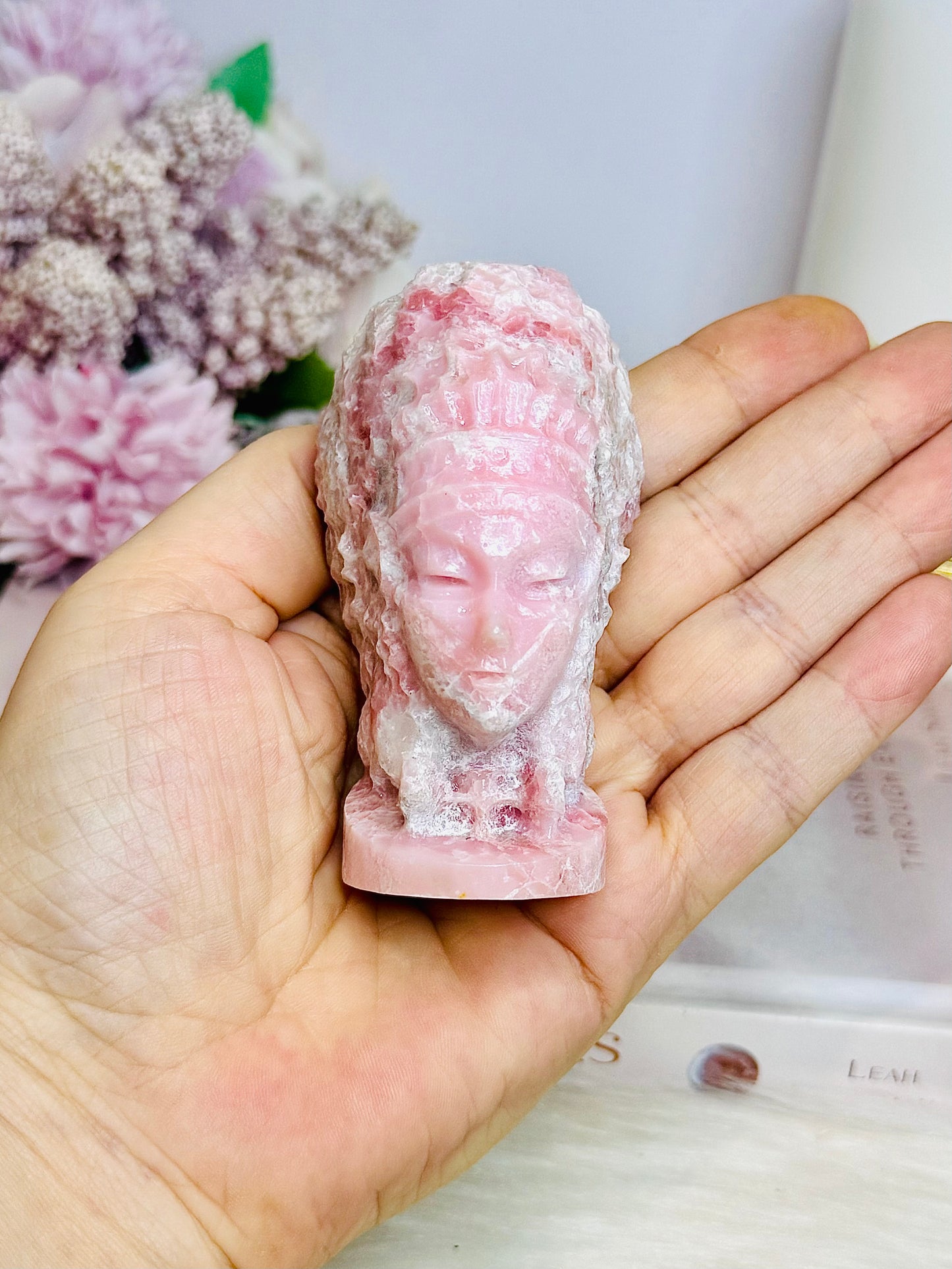 Pink Opal Carved Indian Head 8cm
