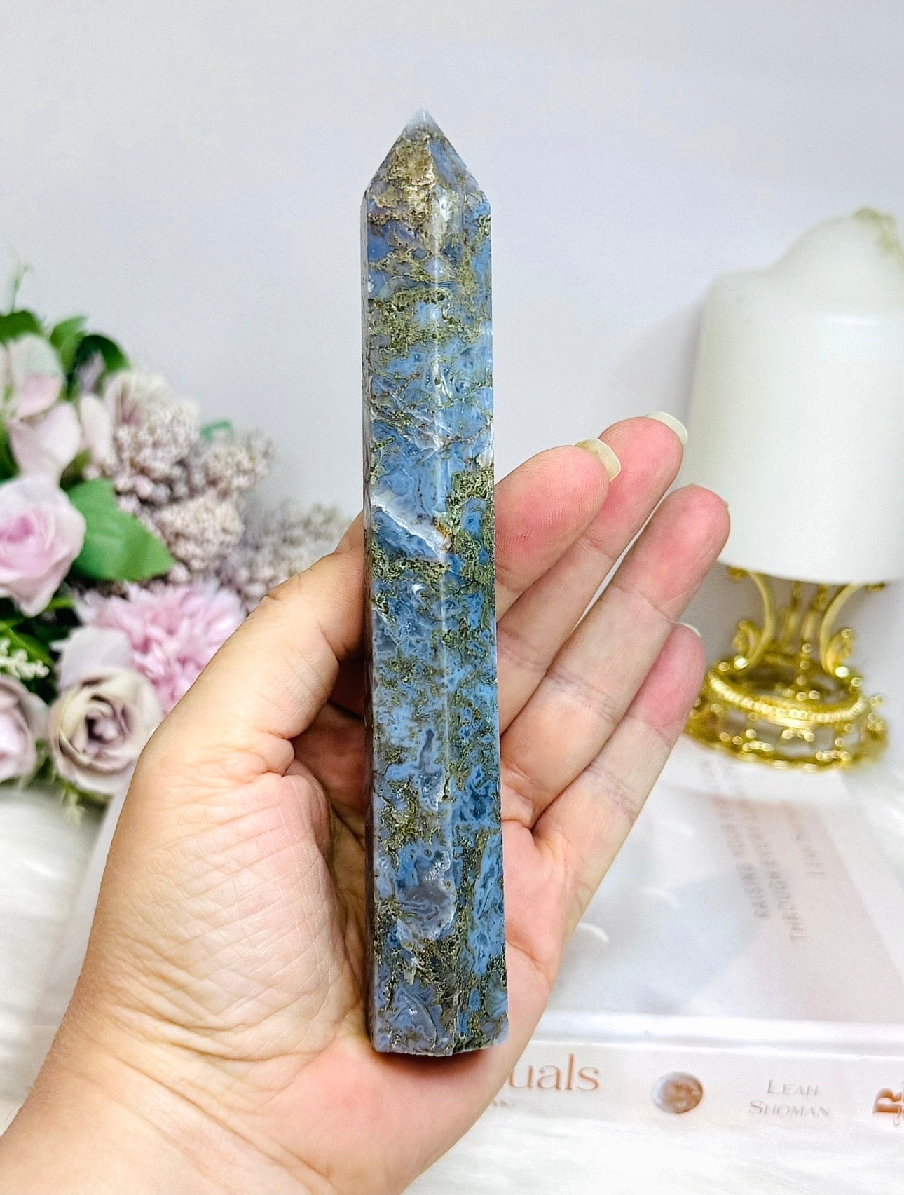 Blue Moss Agate Druzy Tower 17cm
