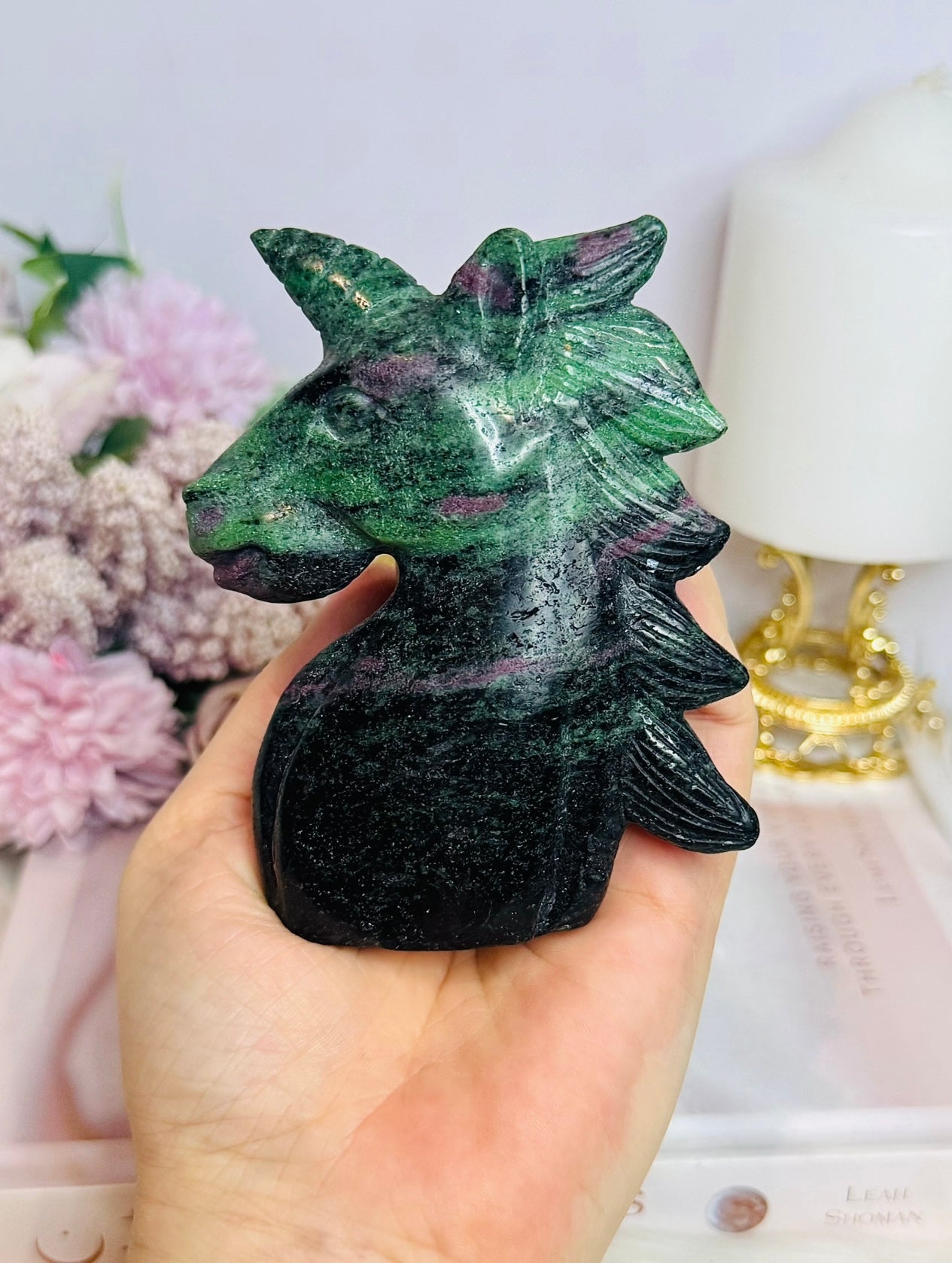 Ruby In Zoisite Carved Unicorn UV Reactive 10cm