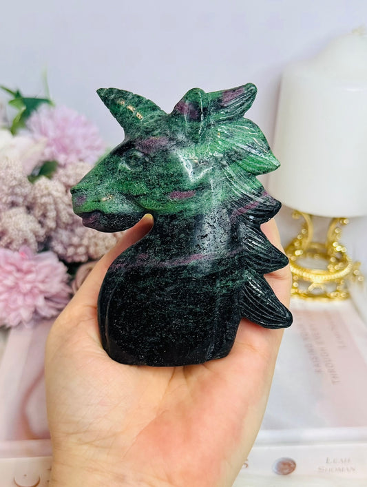 Ruby In Zoisite Carved Unicorn UV Reactive 10cm