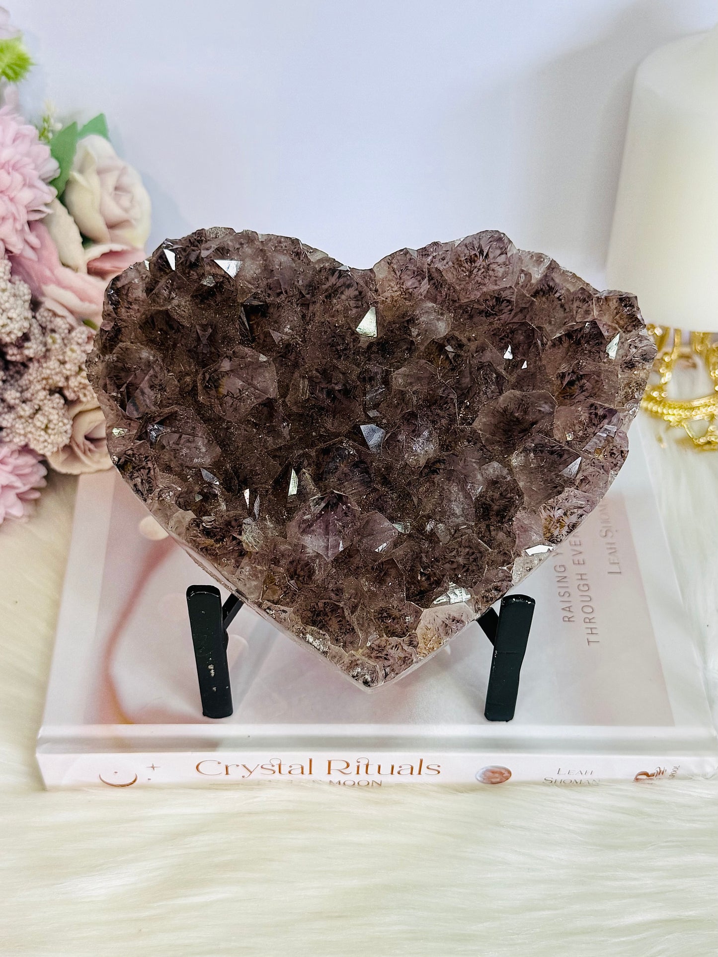 Magnificent 15cm Wide Amethyst Cluster Carved Heart On Custom Stand