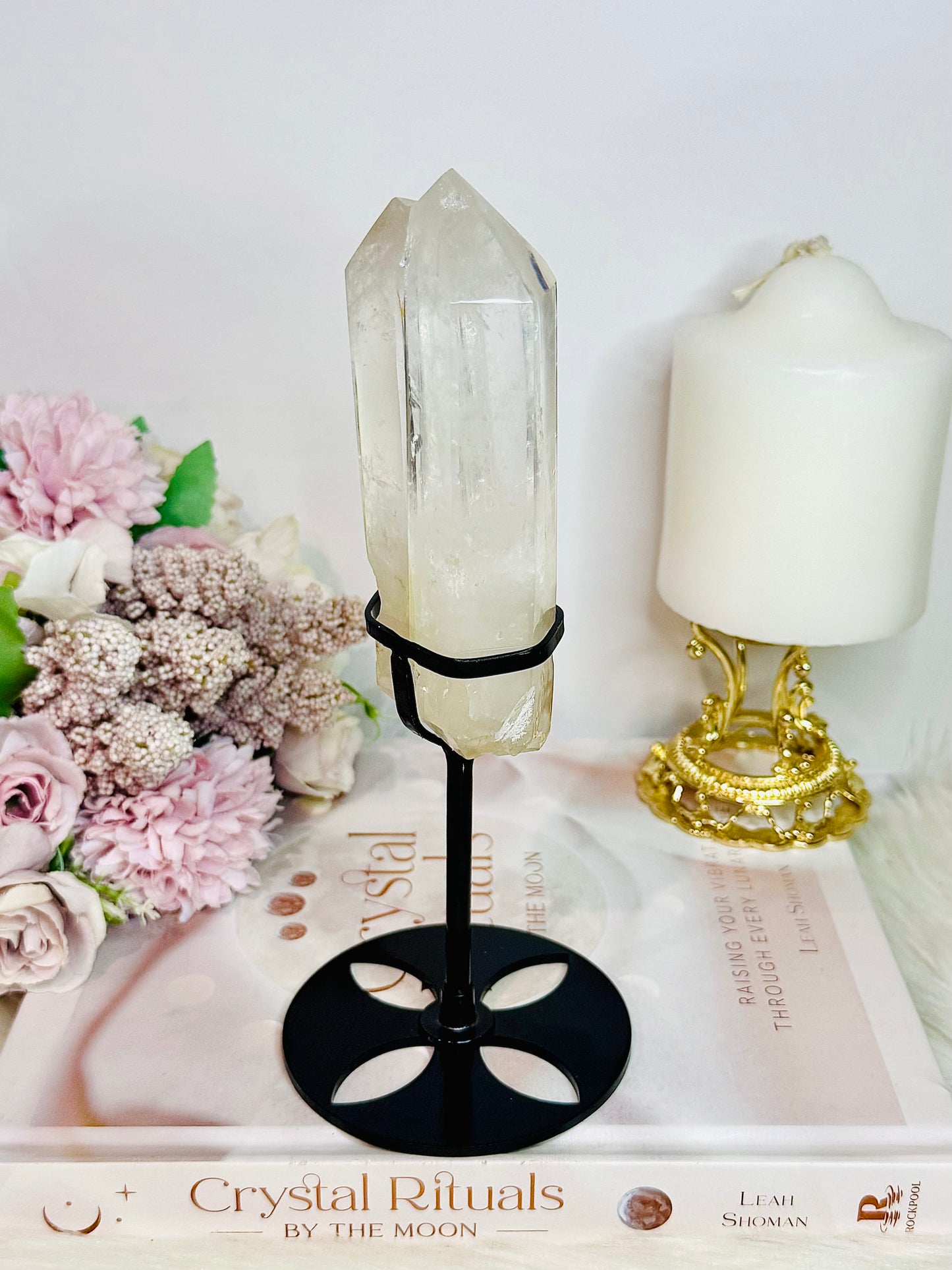 Clear Quartz Double | Twin Tower On Black Stand 17cm