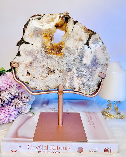 Large 23.5cm 1.5KG Druzy Pink Amethyst Slab On Rose Gold Stand