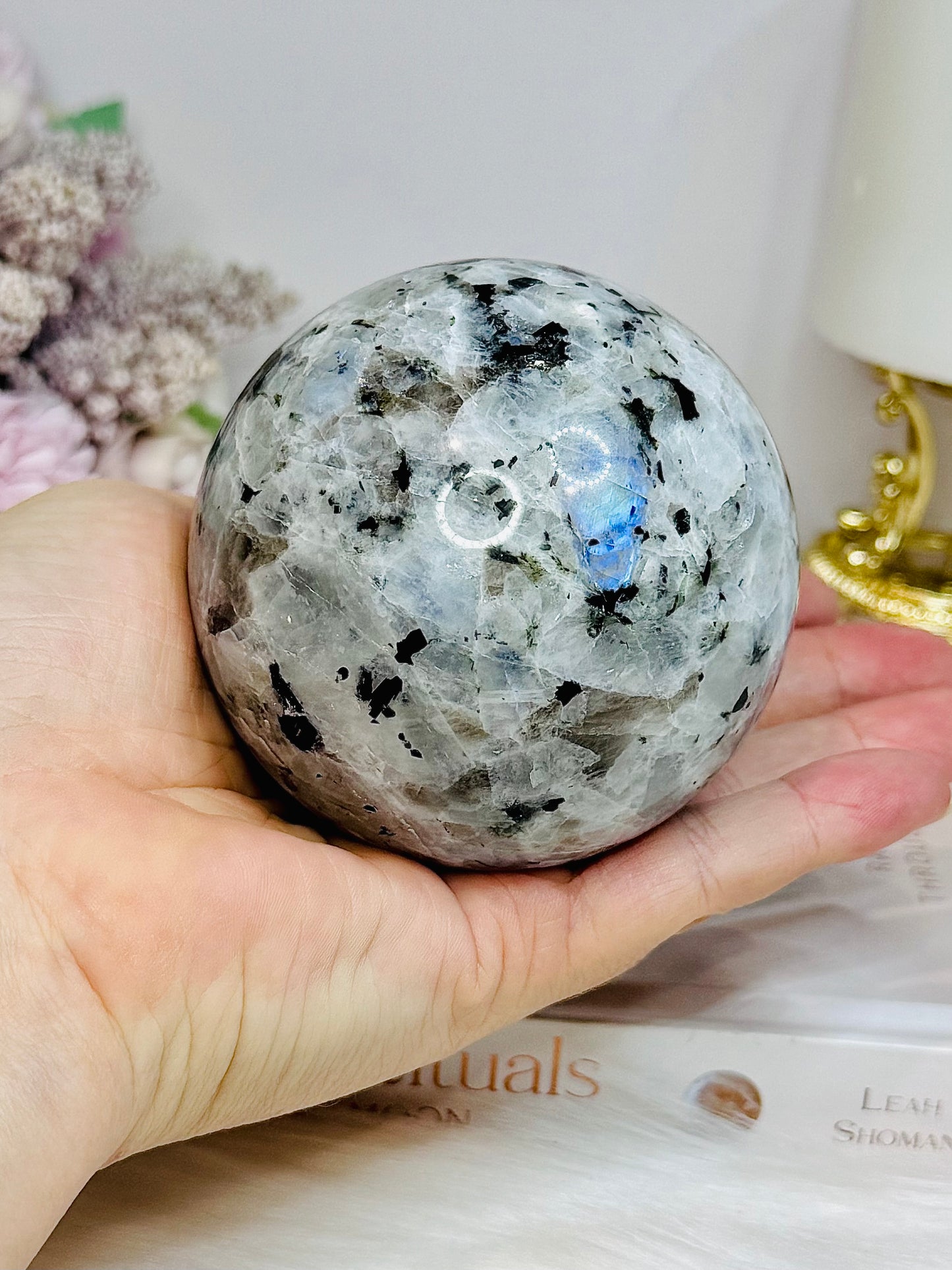 Large Rainbow Moonstone Sphere on Stand with Blue Flash 617g