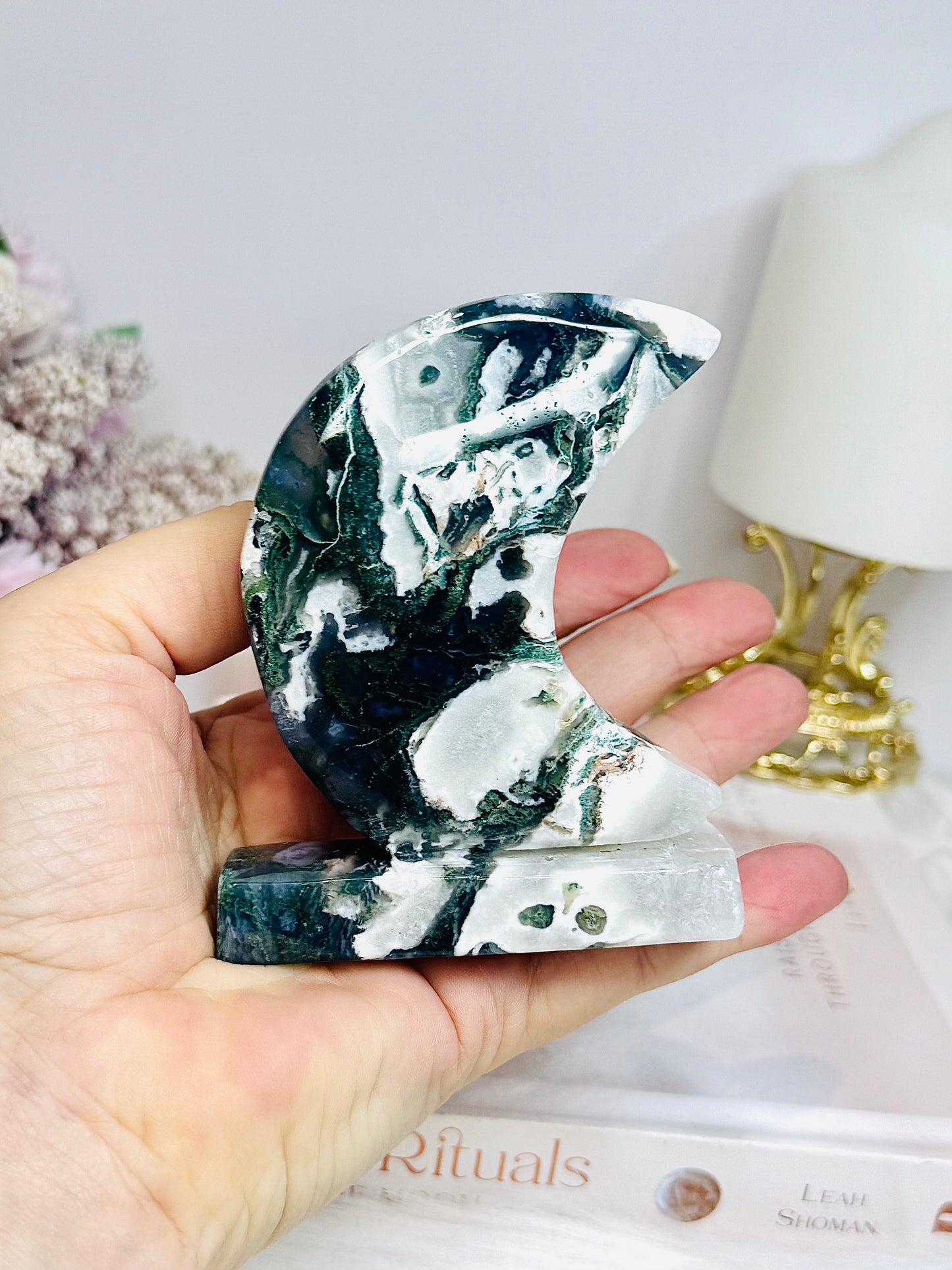 Moss Agate Druzy Moon On Stand 10cm