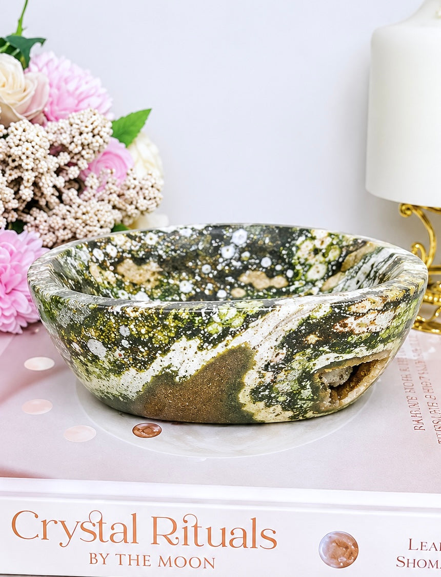 Large Orbicular Ocean Jasper Druzy Crystal Bowl 1.18KG 16cm