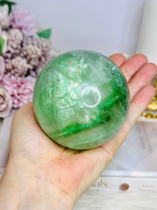 Large Green Fluorite Sphere Full of Rainbows 777g