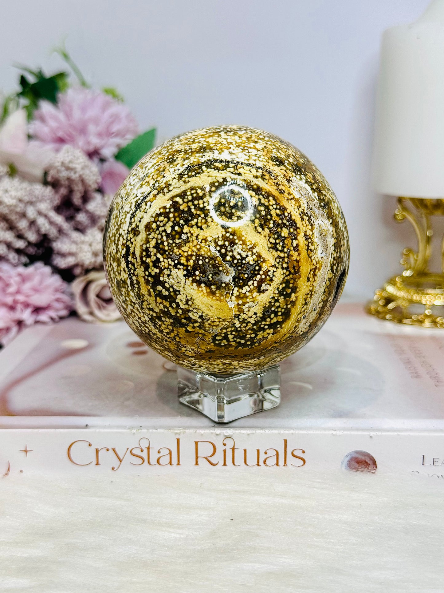 Large Orbicular Ocean Jasper Sphere On Stand 734g