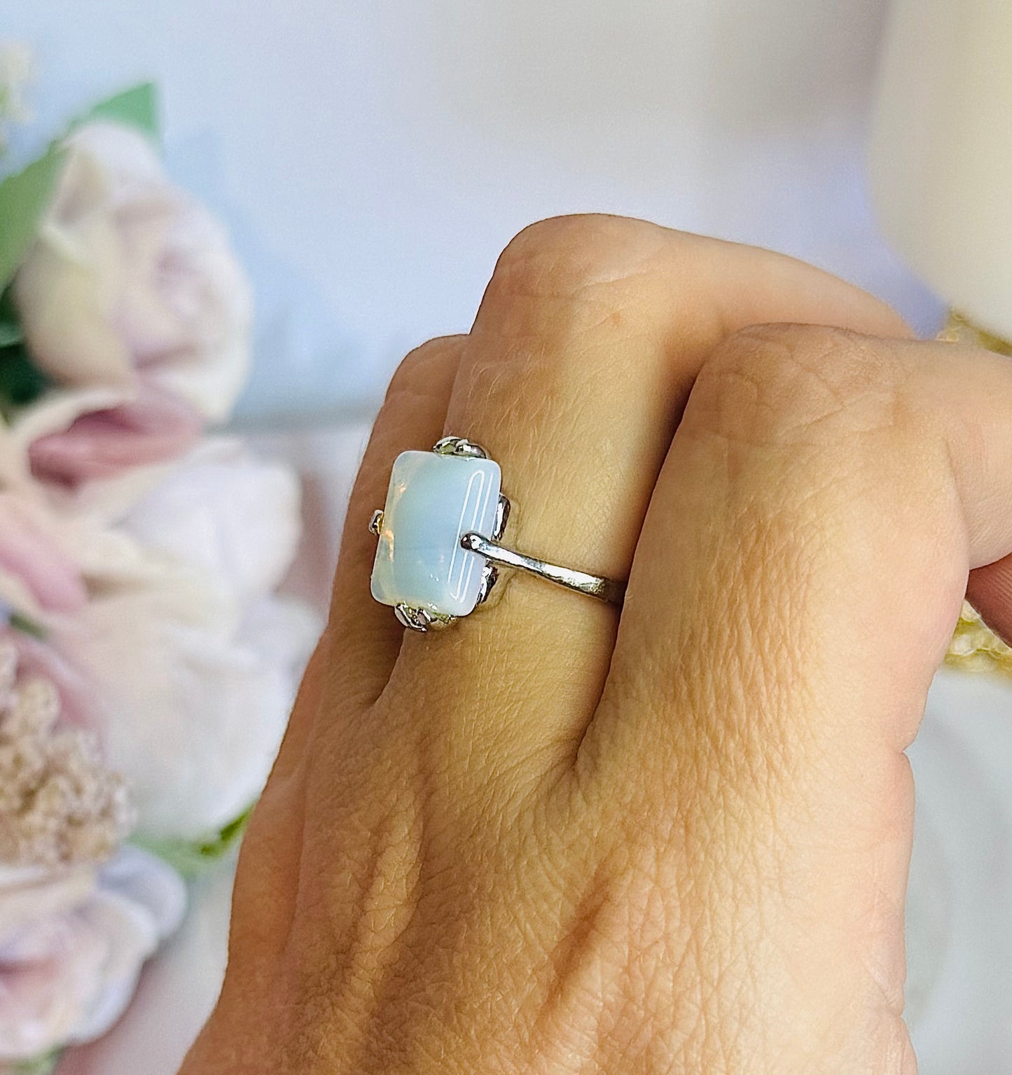 Stunning Opalite Silver Plated Ring Size O In Gift Bag