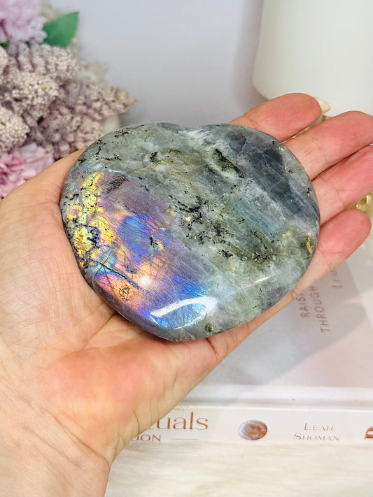 Large Labradorite Carved Heart with Purple Flash 9cm