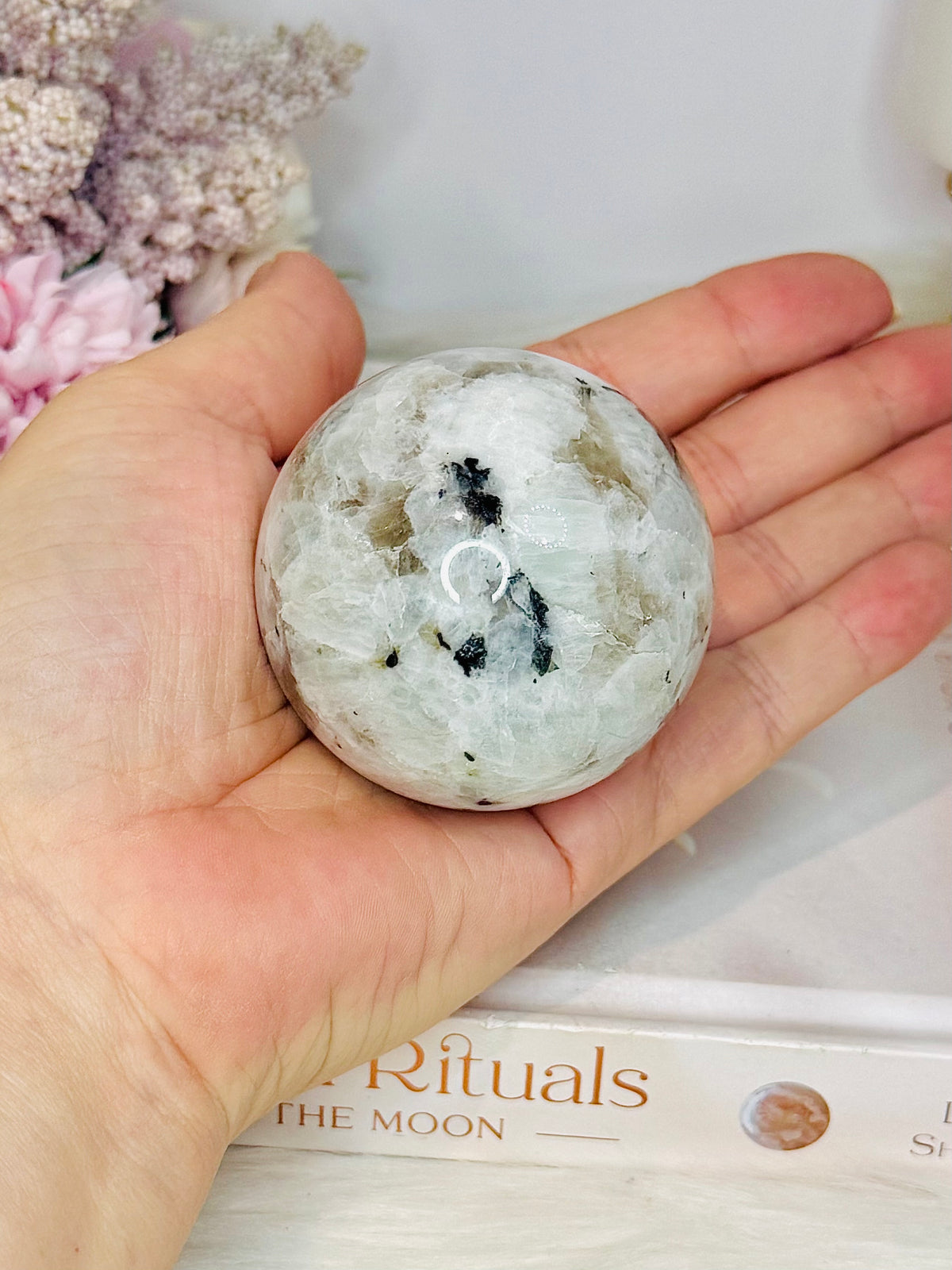 Rainbow Moonstone Sphere on Stand 223g