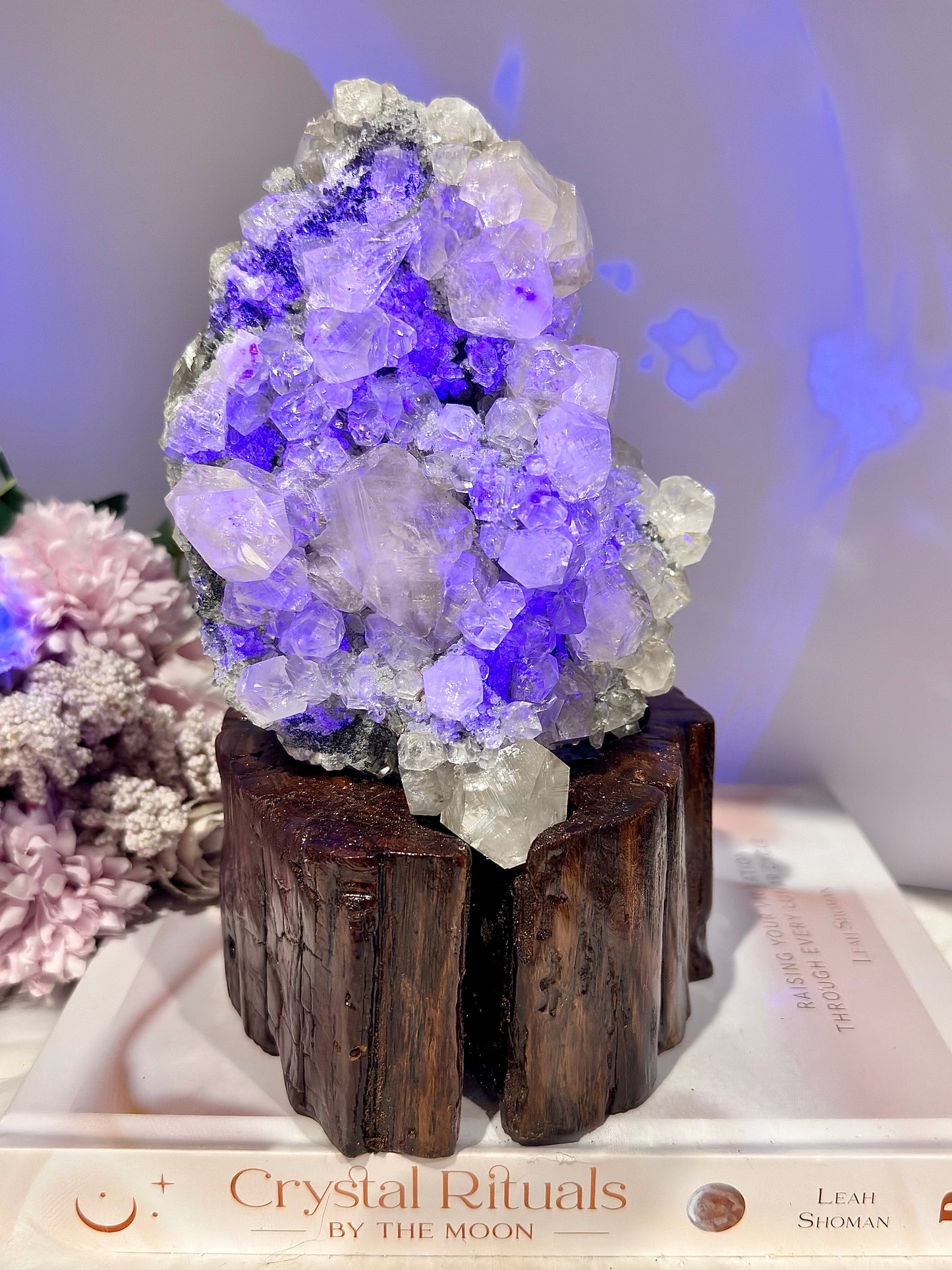 Natural Gorgeous Large Calcite Cluster 20cm On Timber Stand (UV Reactive) 1.86KG