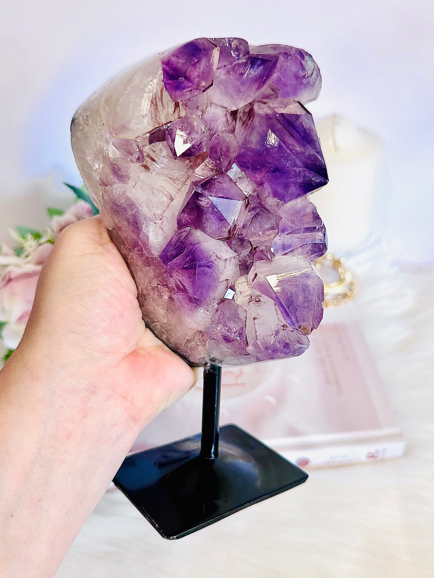 Wow!!! Huge 21cm 1.38KG Amethyst Freeform With Large Amazing Points On Black Stand From Brazil