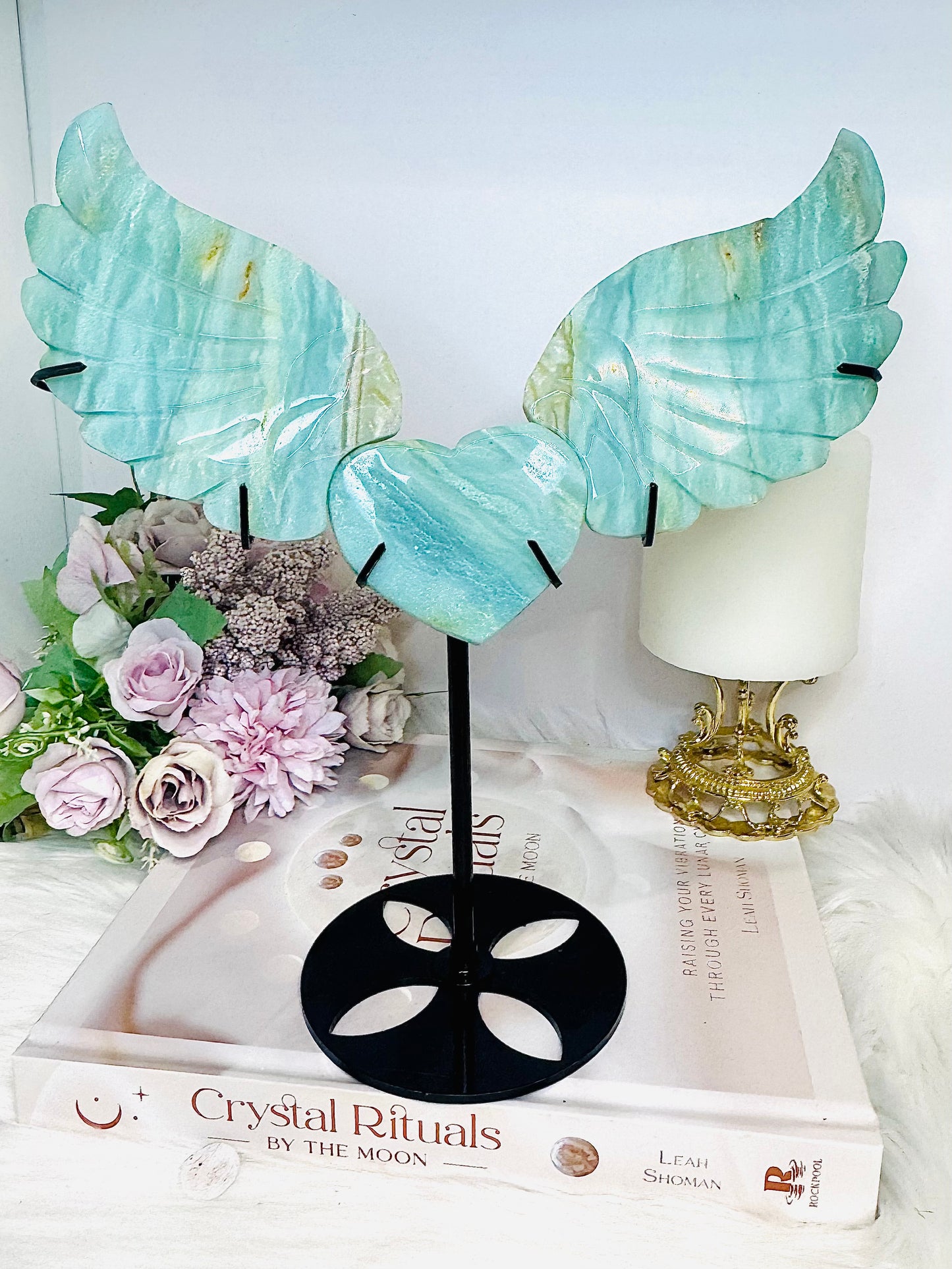 Caribbean Calcite Large Heart with Angel Wings On Stand