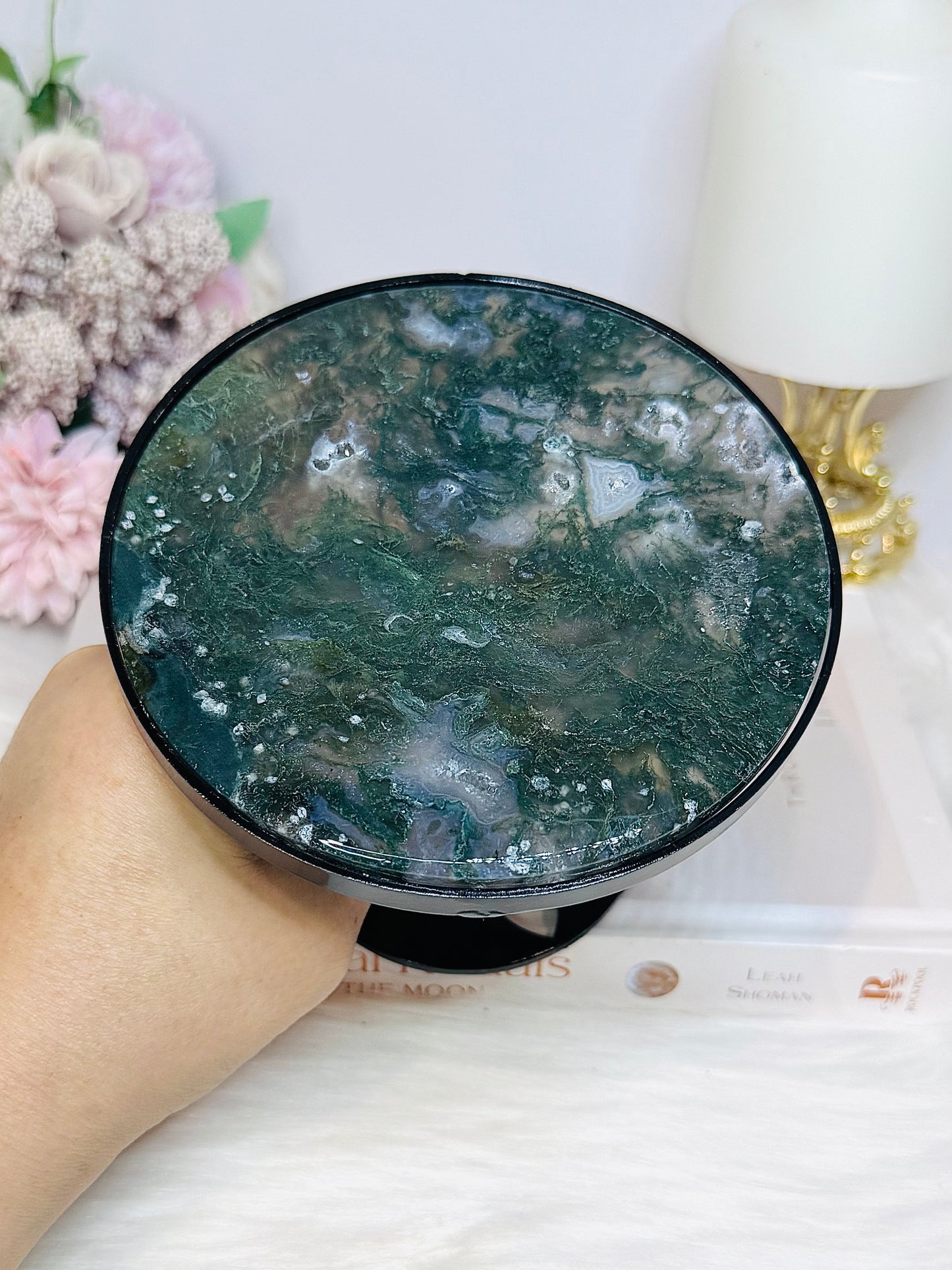 Moss Agate Druzy Spinning Top Table H:10cm W:12cm