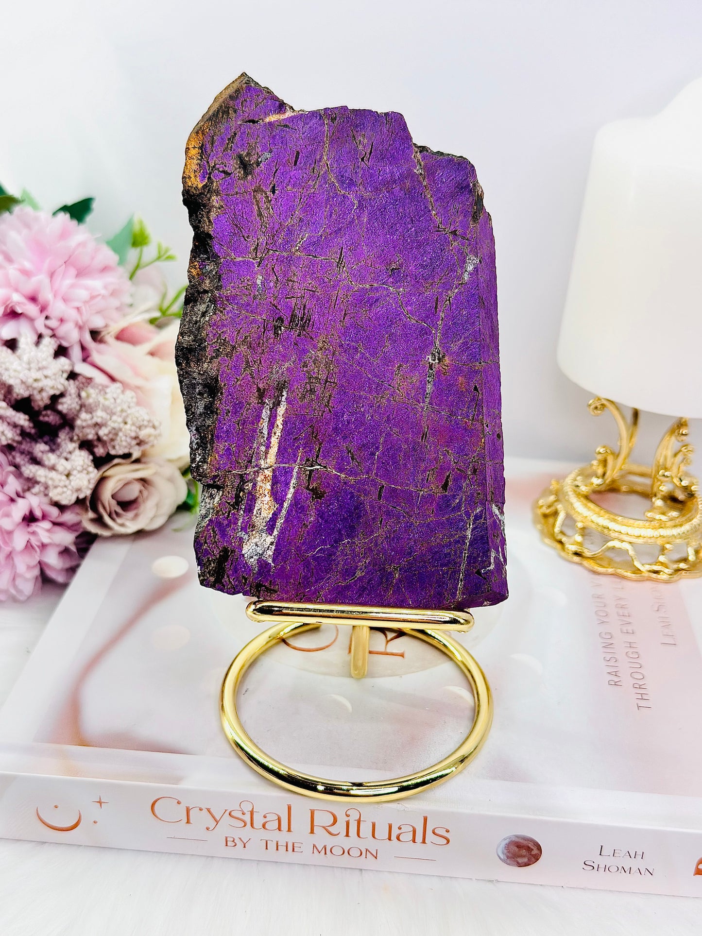 Incredible Rare Natural Velvet Purpurite Large Slab On Gold Stand 578grams