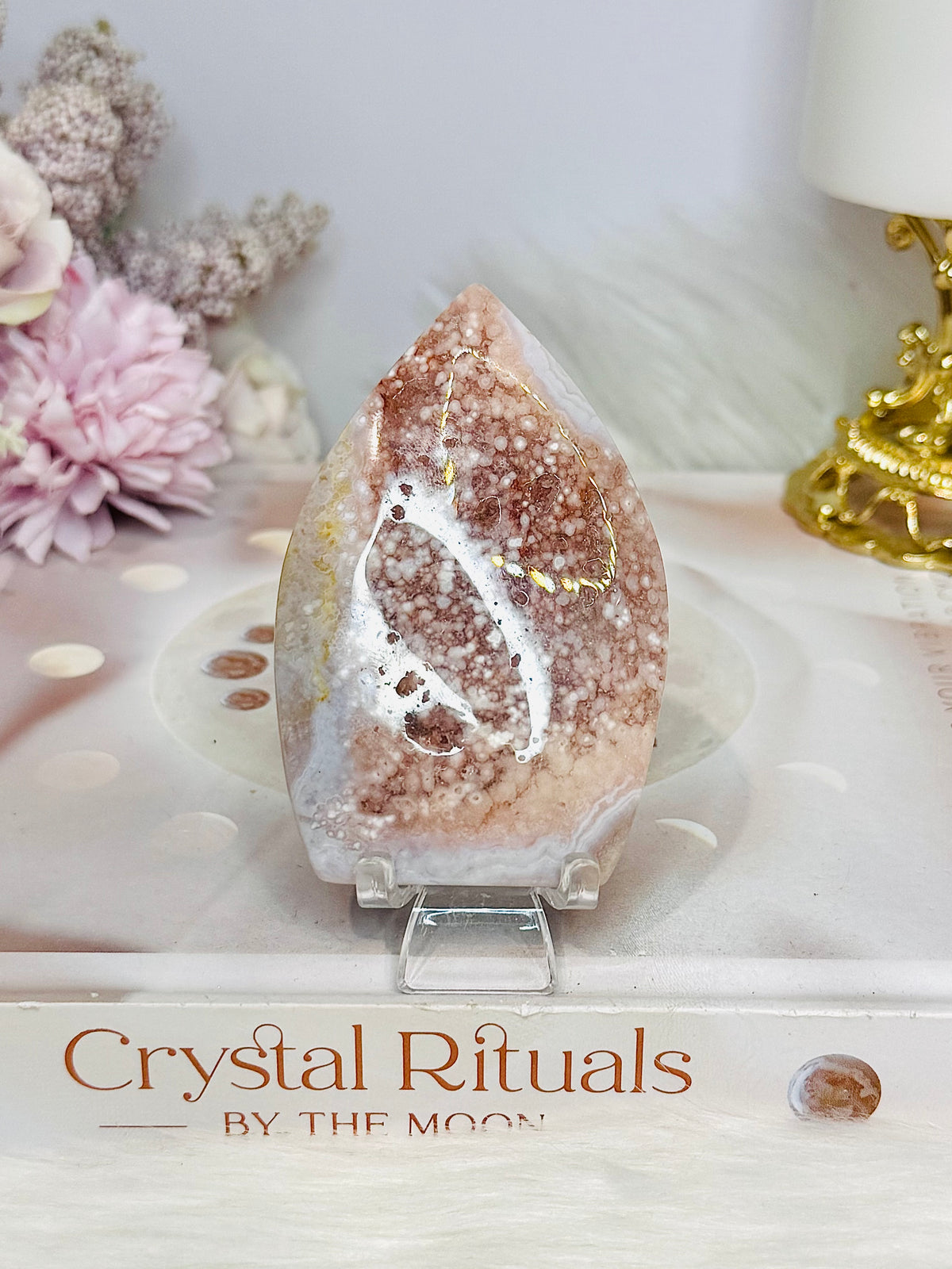 Flower Agate Carved Thin Flame on Stand 7.5cm