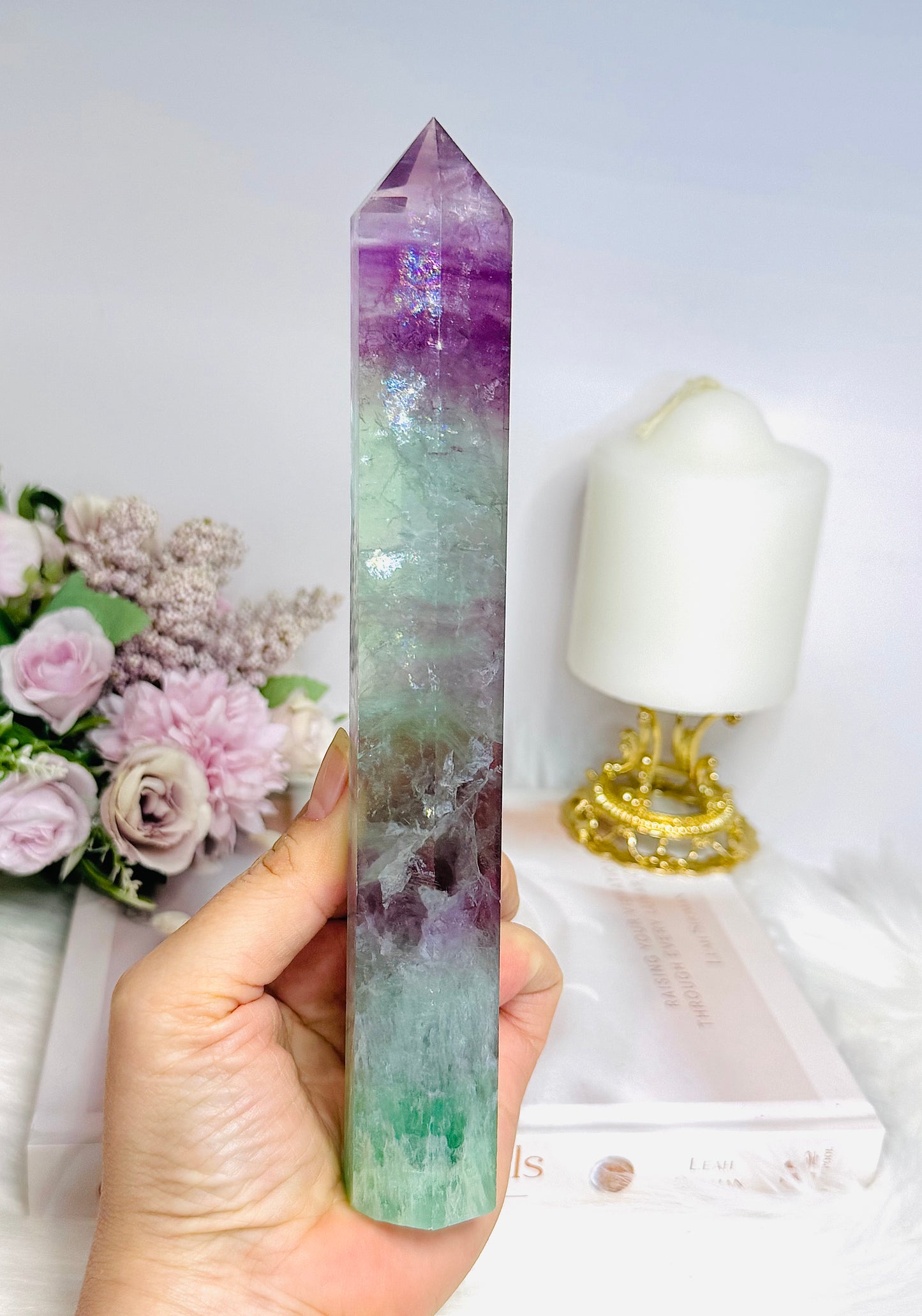 Tall Watermelon Fluorite Tower 20.5cm with Rainbows