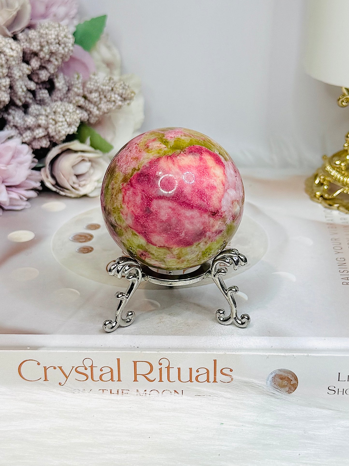 Thulite Sphere with Epidote 208g On Stand