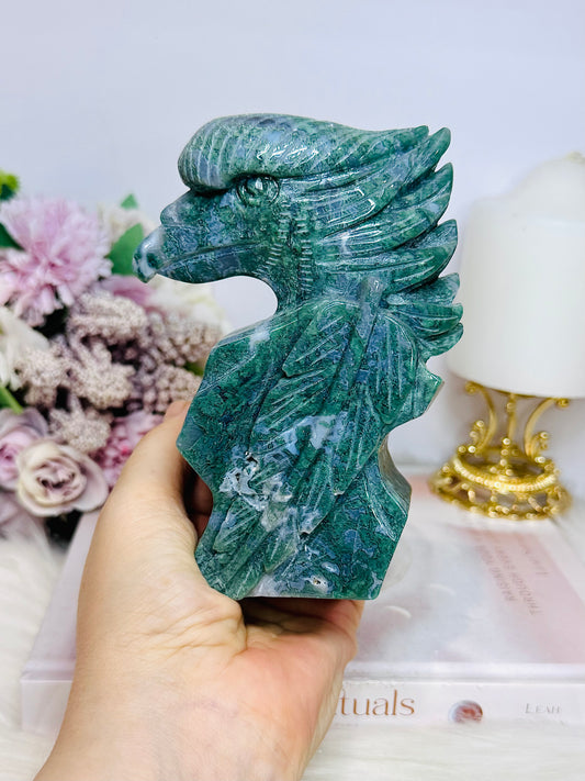 Large Perfectly Carved Moss Agate Eagle 633g 13cm