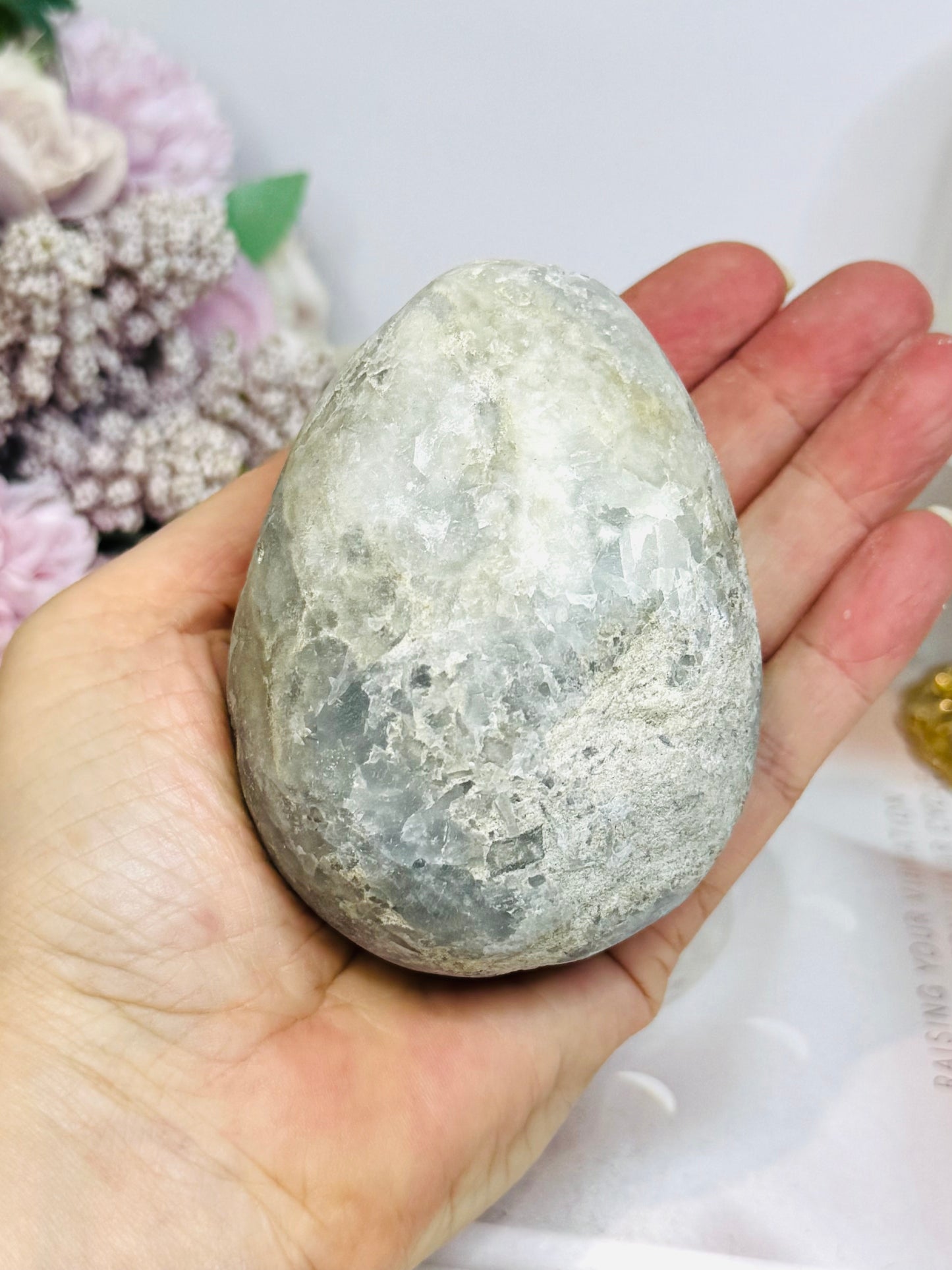 Large Blue Celestite Egg On Stand 521g