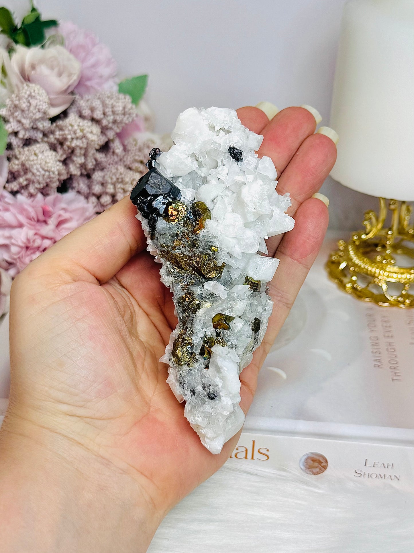 Natural Calcite Specimen with Pyrite & Black Tourmaline Inclusions 11.5cm 252g