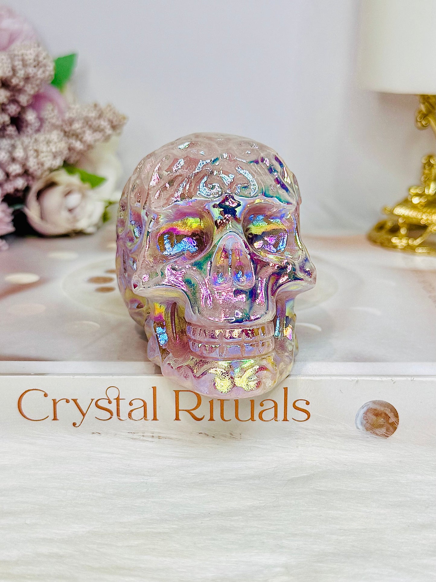 Angel Aura Rose Quartz Filigree Skull 8.5cm 349g