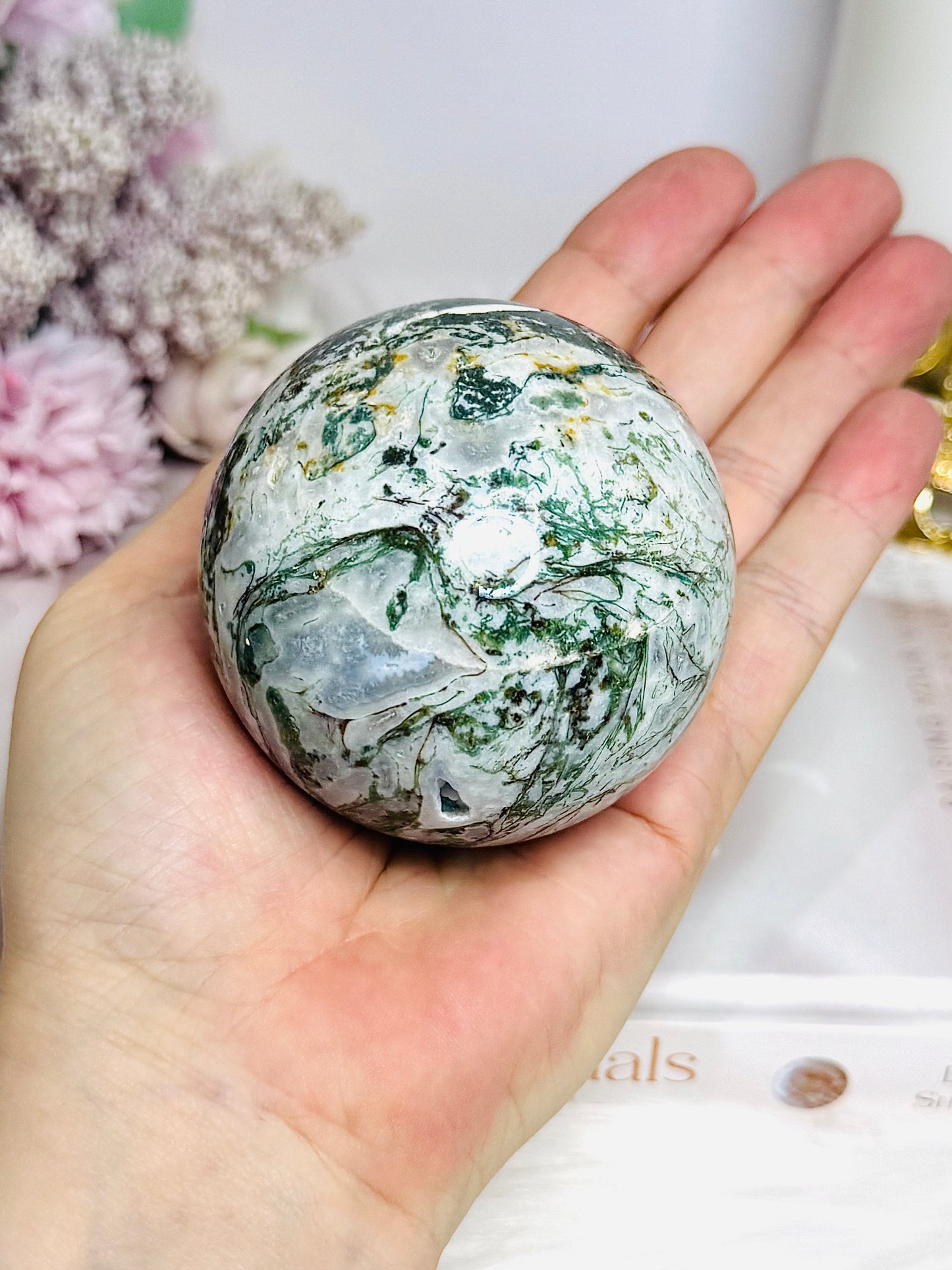 Druzy Moss Agate Sphere on Stand 428g