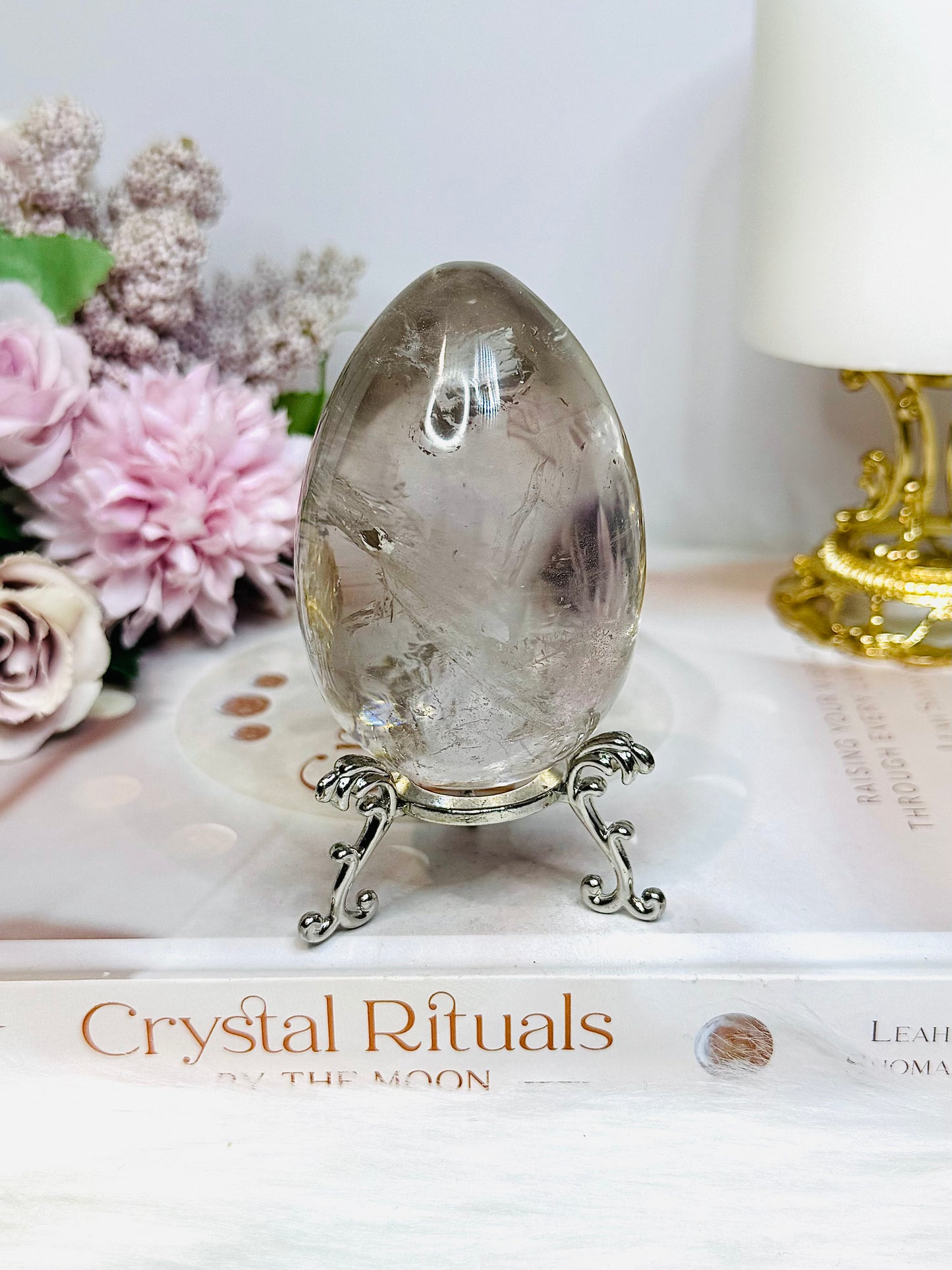 Large Quartz Egg On Stand with Rainbows 280g