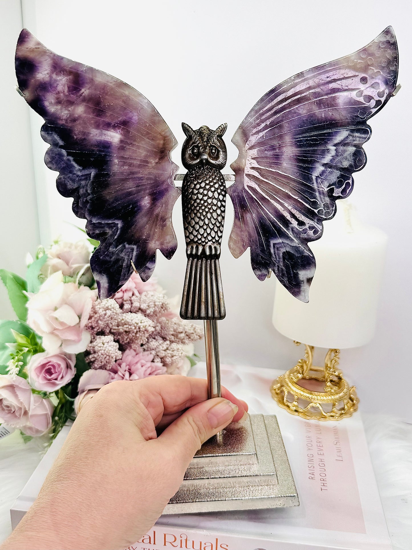 Stunning Large 24cm Chevron | Dream Amethyst Wings on Owl Stand