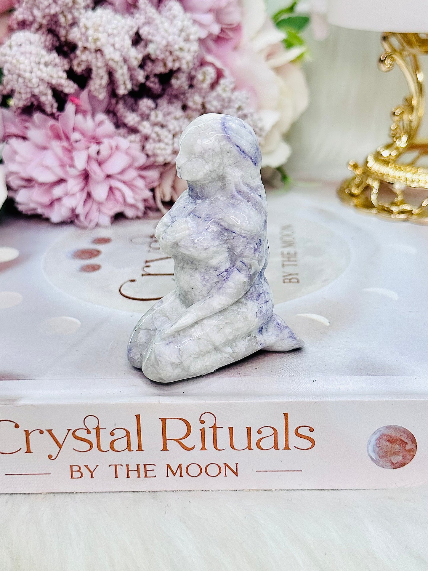 Beautiful Opalized Fluorite Carved Lady with Hand On Heart