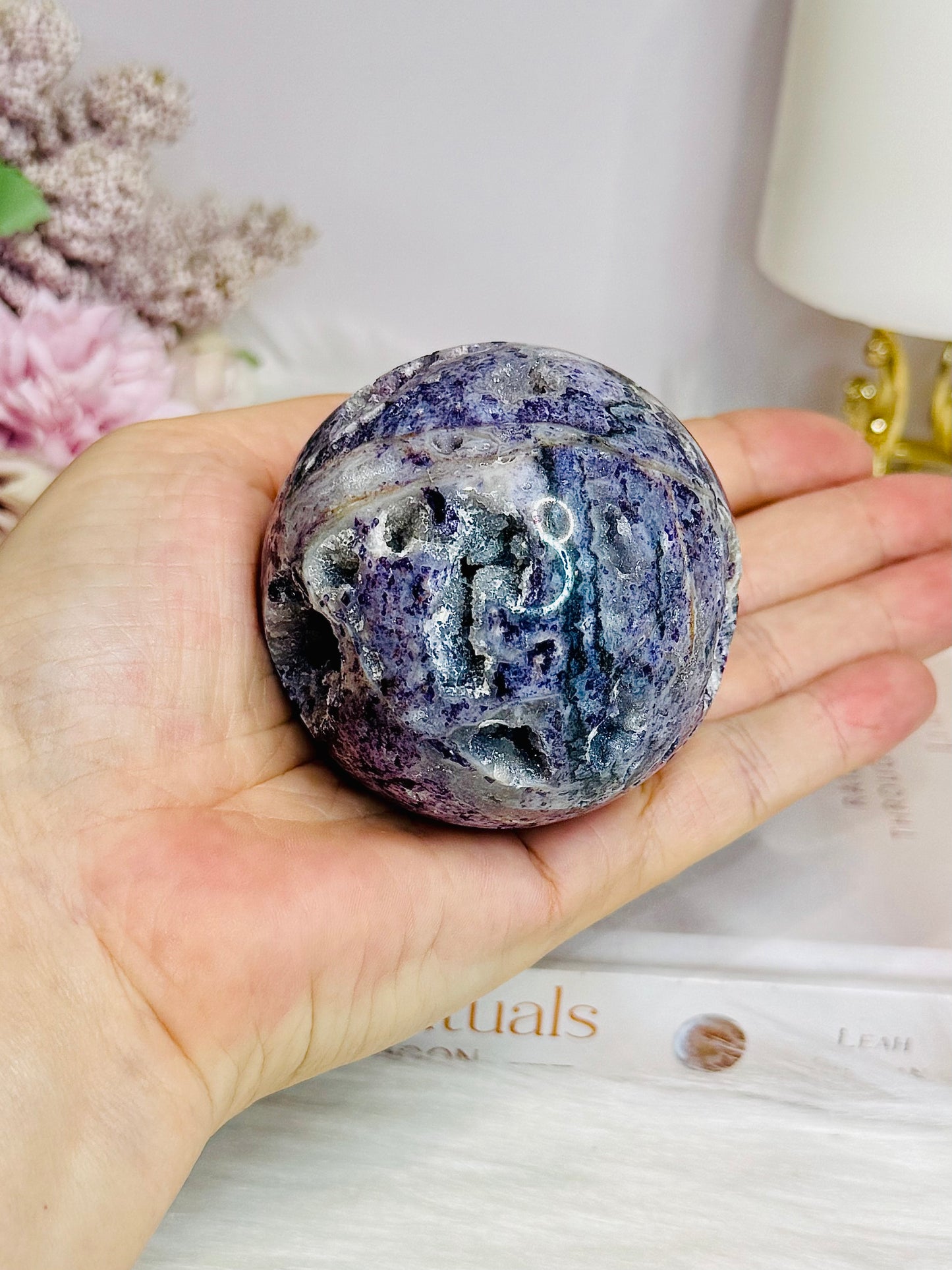 Natural Purple Fluorite X Sphalerite Druzy Sphere on Stand 306g